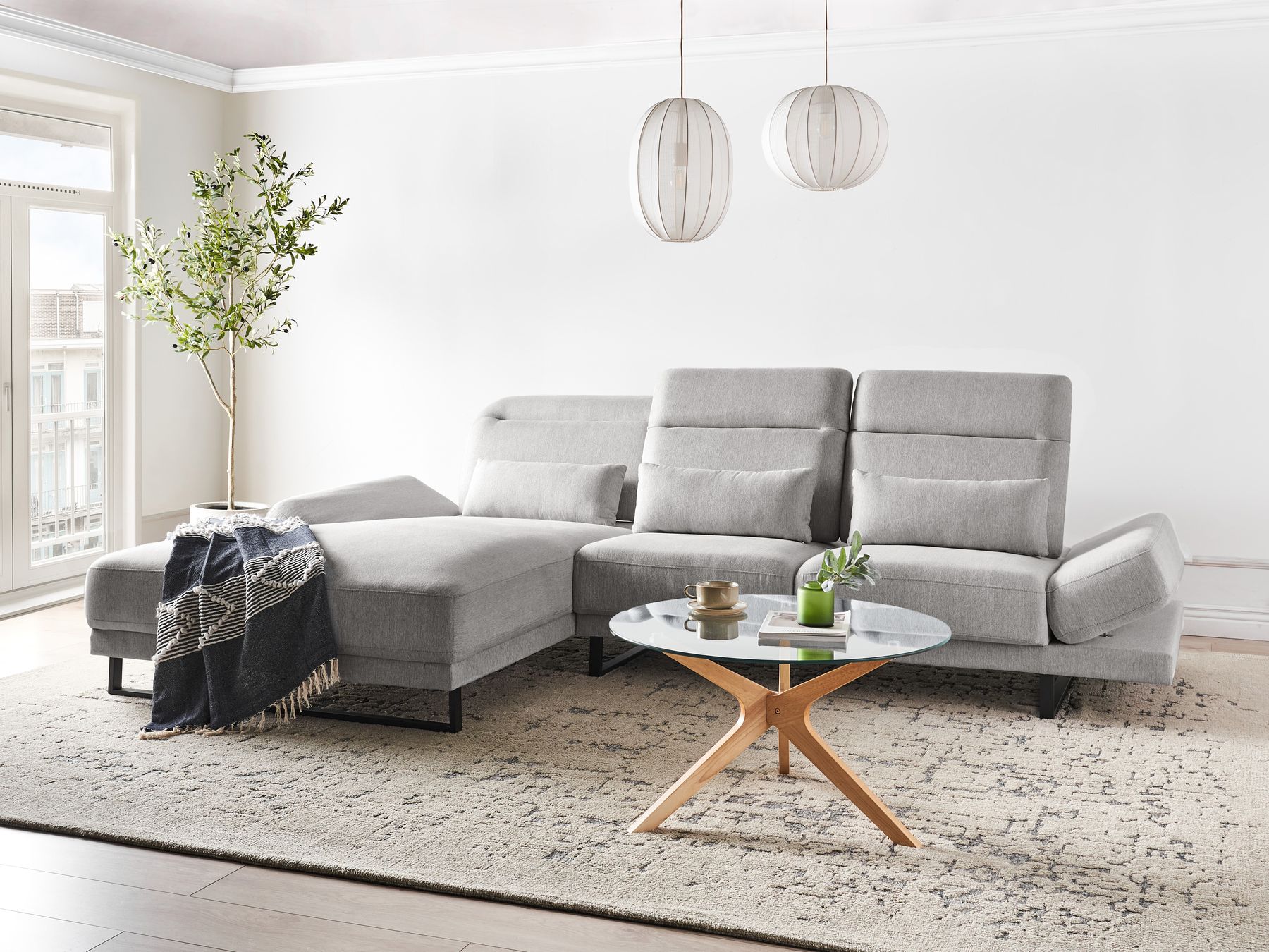 Corner Sofa IKAST Fabric Light Grey 4 Seater Right Hand