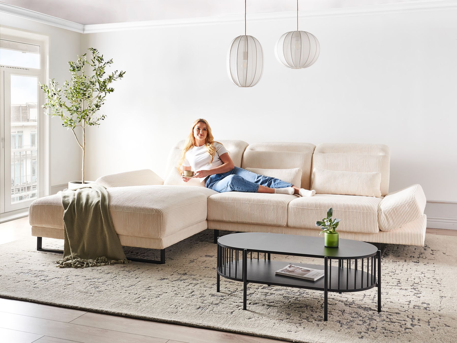 Corner Sofa IKAST Corduroy Beige 4 Seater Right Hand