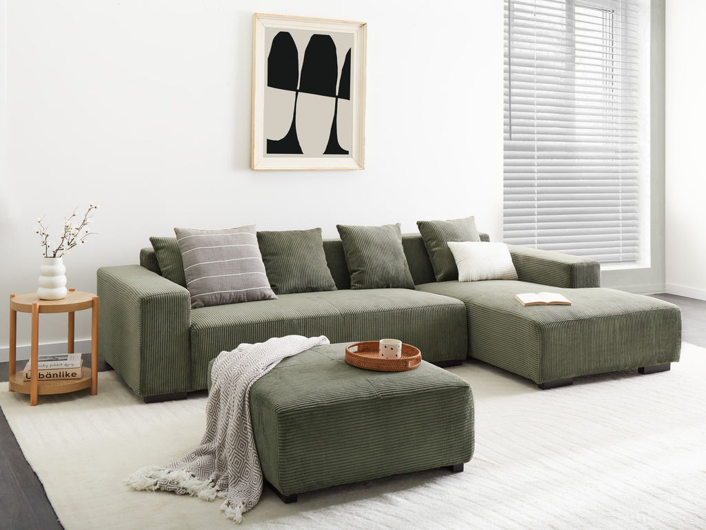 Corner Sofa LUNGO Corduroy Green with Ottoman 4 Seater Left Hand