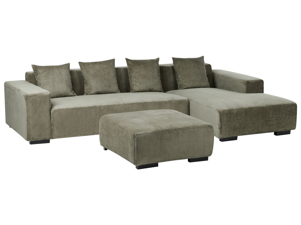 Corner Sofa LUNGO Corduroy Green with Ottoman 4 Seater Left Hand