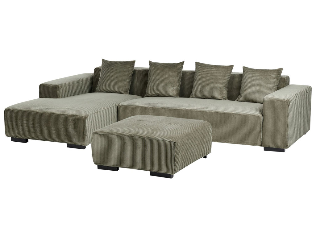 Corner Sofa LUNGO Corduroy Green with Ottoman 4 Seater Right Hand