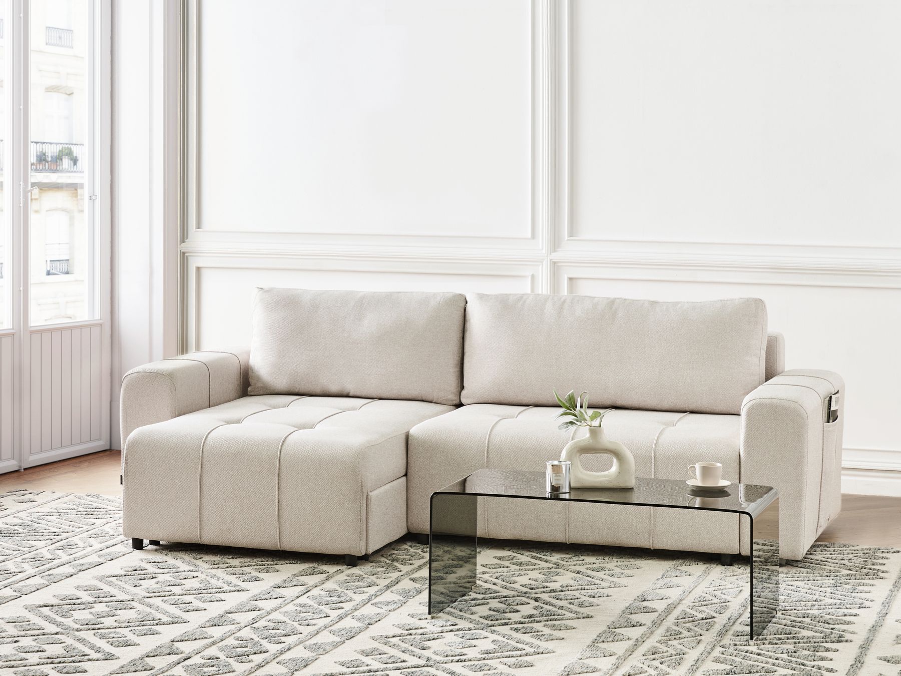 Corner Sofa Bed INNVIK Fabric Light Beige 3 Seater Right Hand