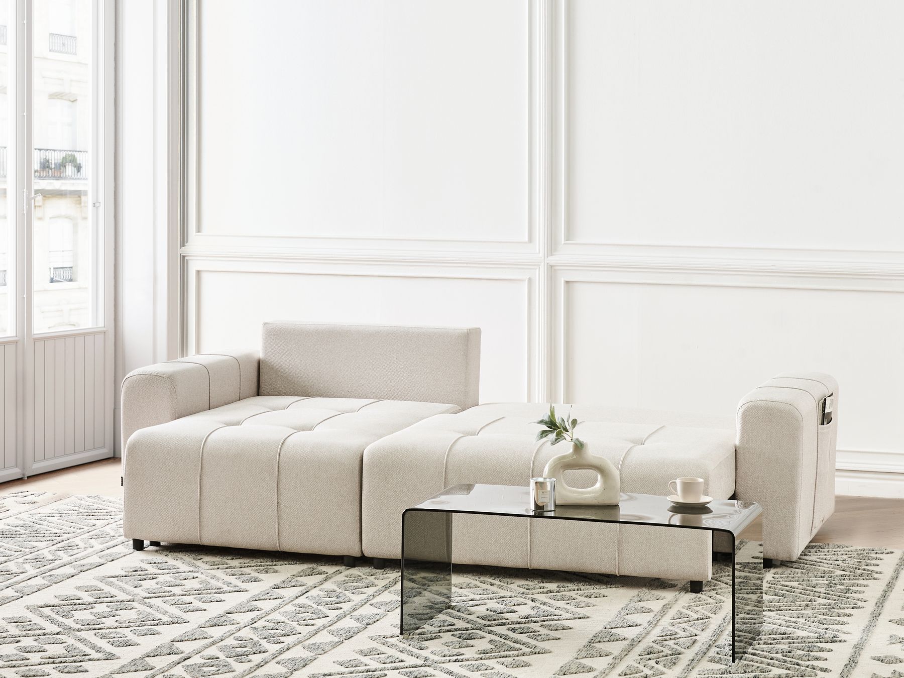 Corner Sofa Bed INNVIK Fabric Light Beige 3 Seater Right Hand
