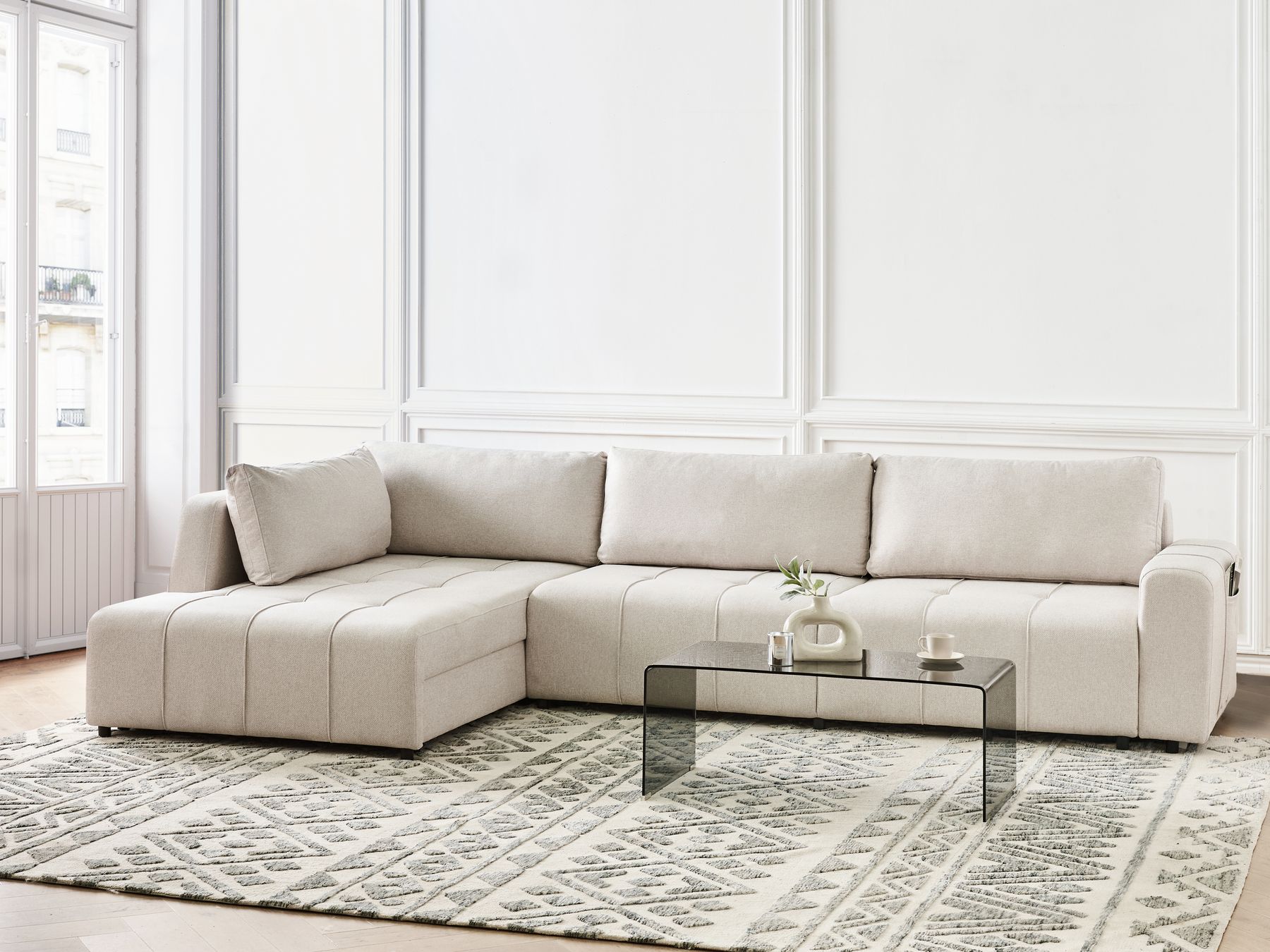 Corner Sofa Bed INNVIK Fabric Light Beige with Storage 4 Seater Right Hand
