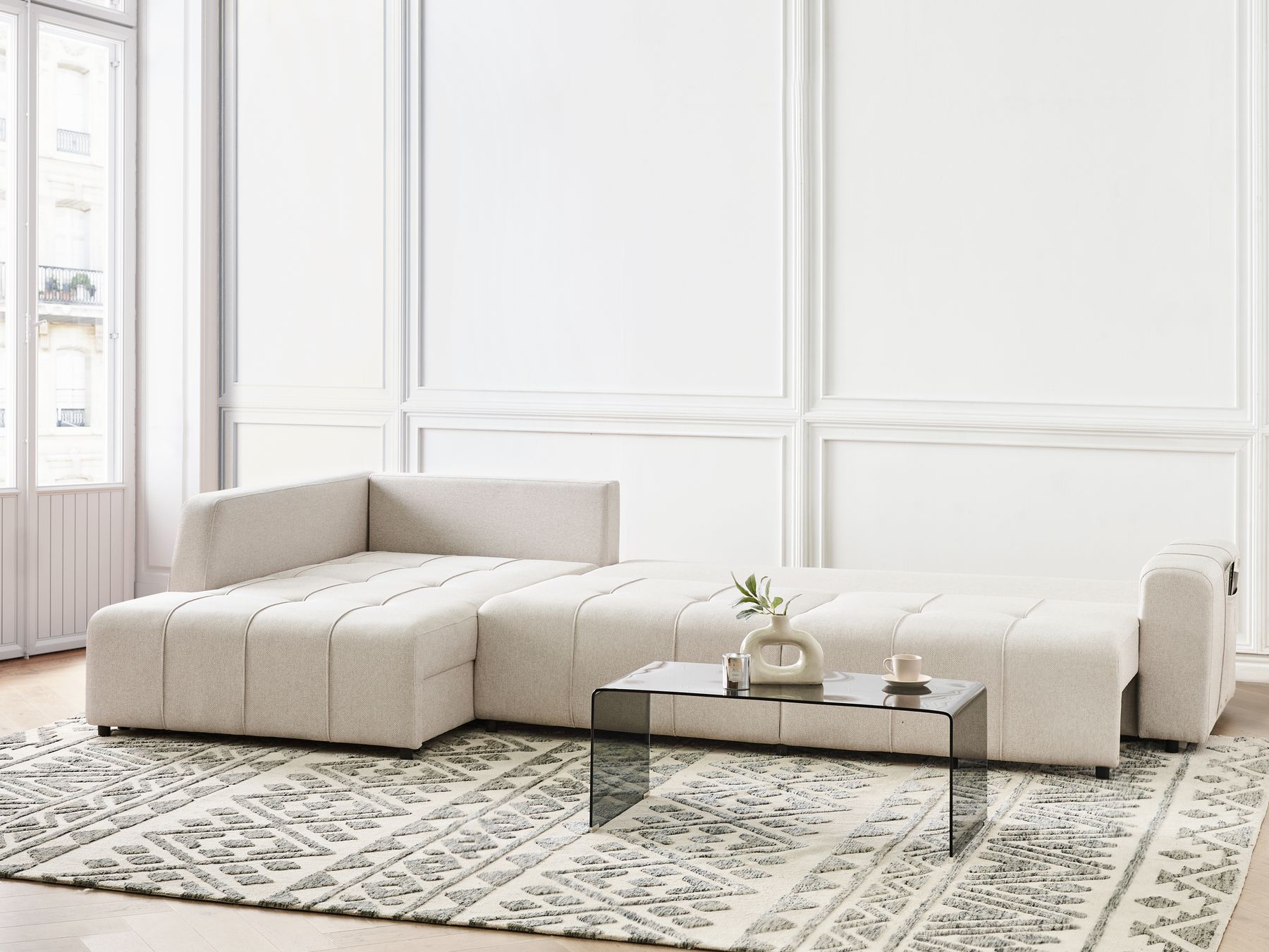 Corner Sofa Bed INNVIK Fabric Light Beige with Storage 4 Seater Right Hand