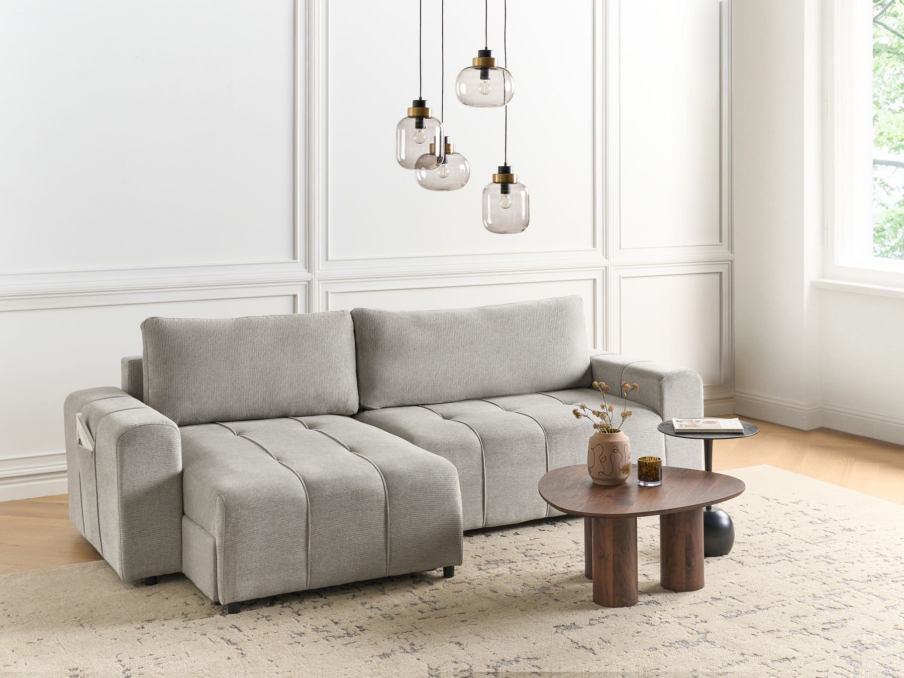 Corner Sofa Bed INNVIK Fabric Light Grey with Storage 3 Seater Right Hand