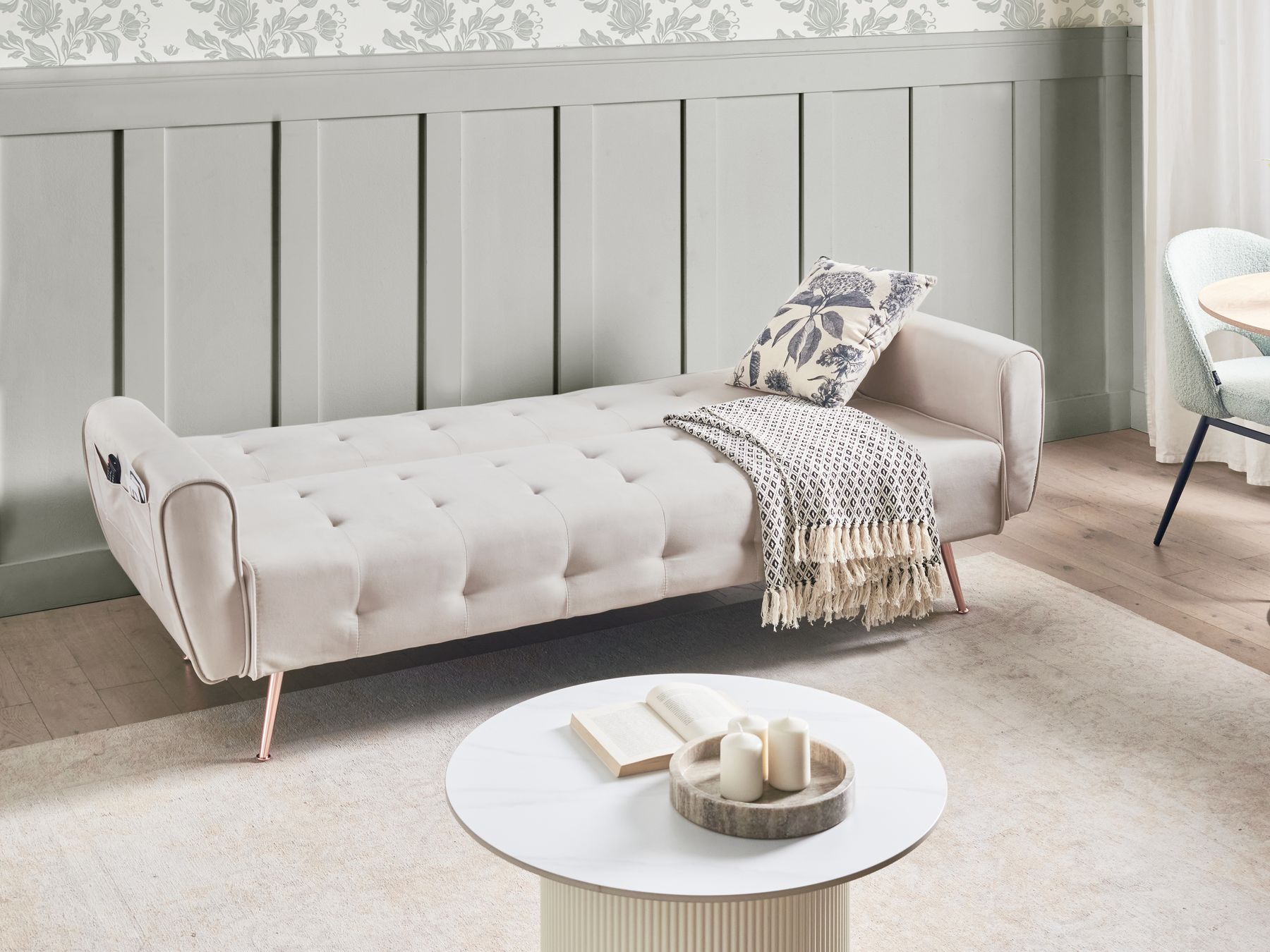 Sofa Bed SELNES Velvet Light Beige 3 Seater