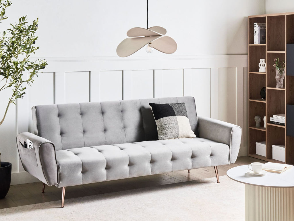 Sofa Bed SELNES Velvet Light Grey 3 Seater