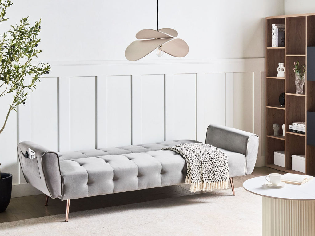 Sofa Bed SELNES Velvet Light Grey 3 Seater