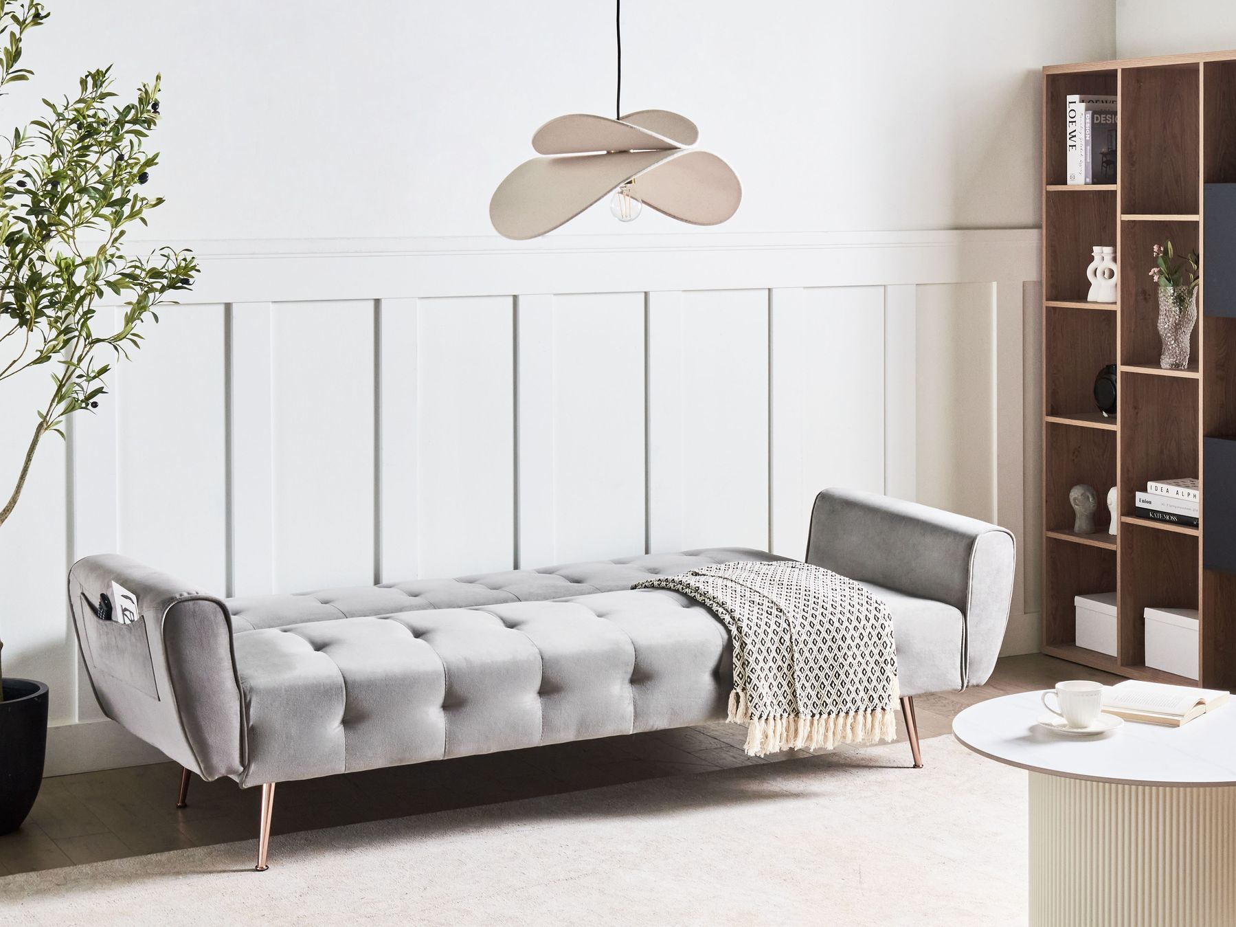 Sofa Bed SELNES Velvet Light Grey 3 Seater