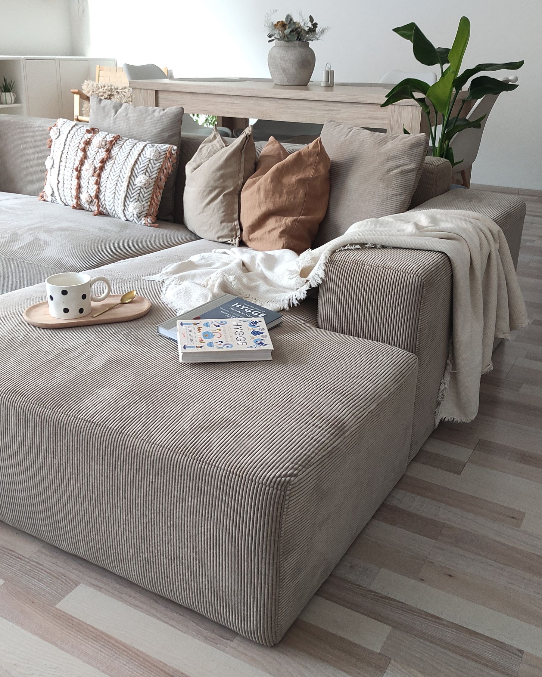 Corner Sofa LUNGO Corduroy Beige 4 Seater Left Hand