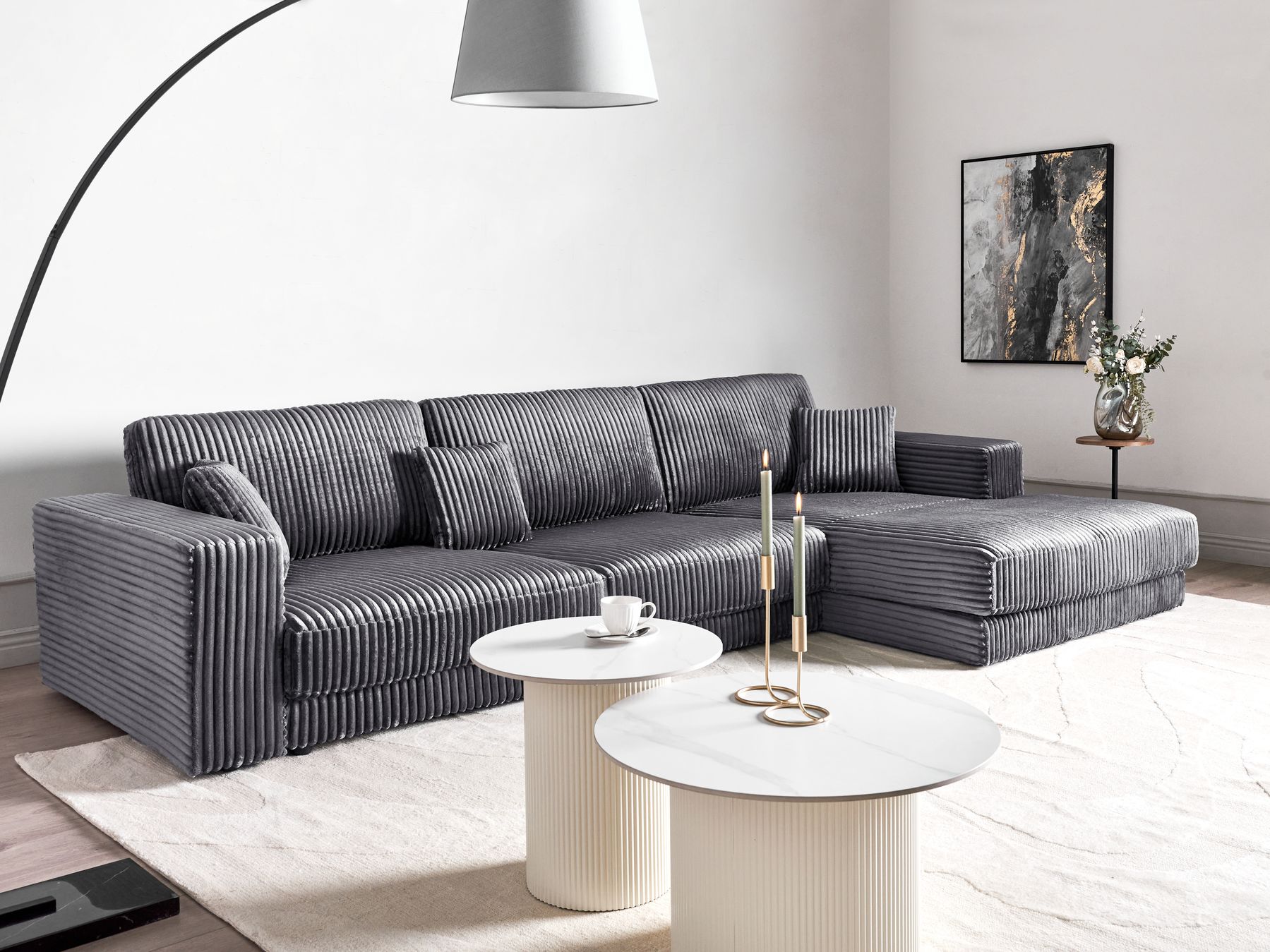 Corner Sofa LOFOTEN Corduroy Dark Grey 4 Seater Left Hand