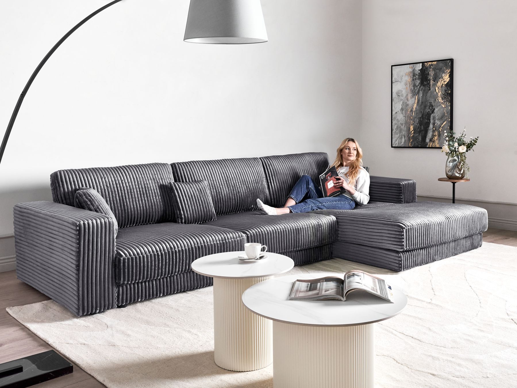 Corner Sofa LOFOTEN Corduroy Dark Grey 4 Seater Left Hand