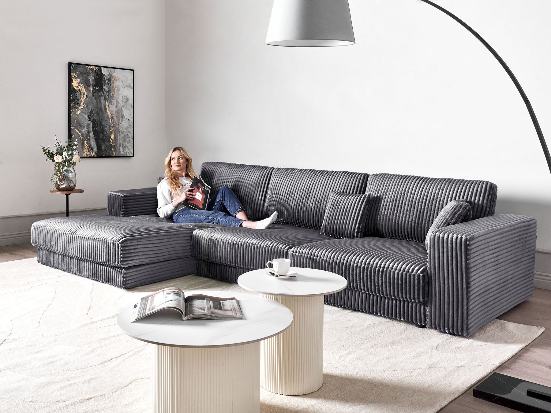 Corner Sofa LOFOTEN Corduroy Dark Grey 4 Seater Right Hand