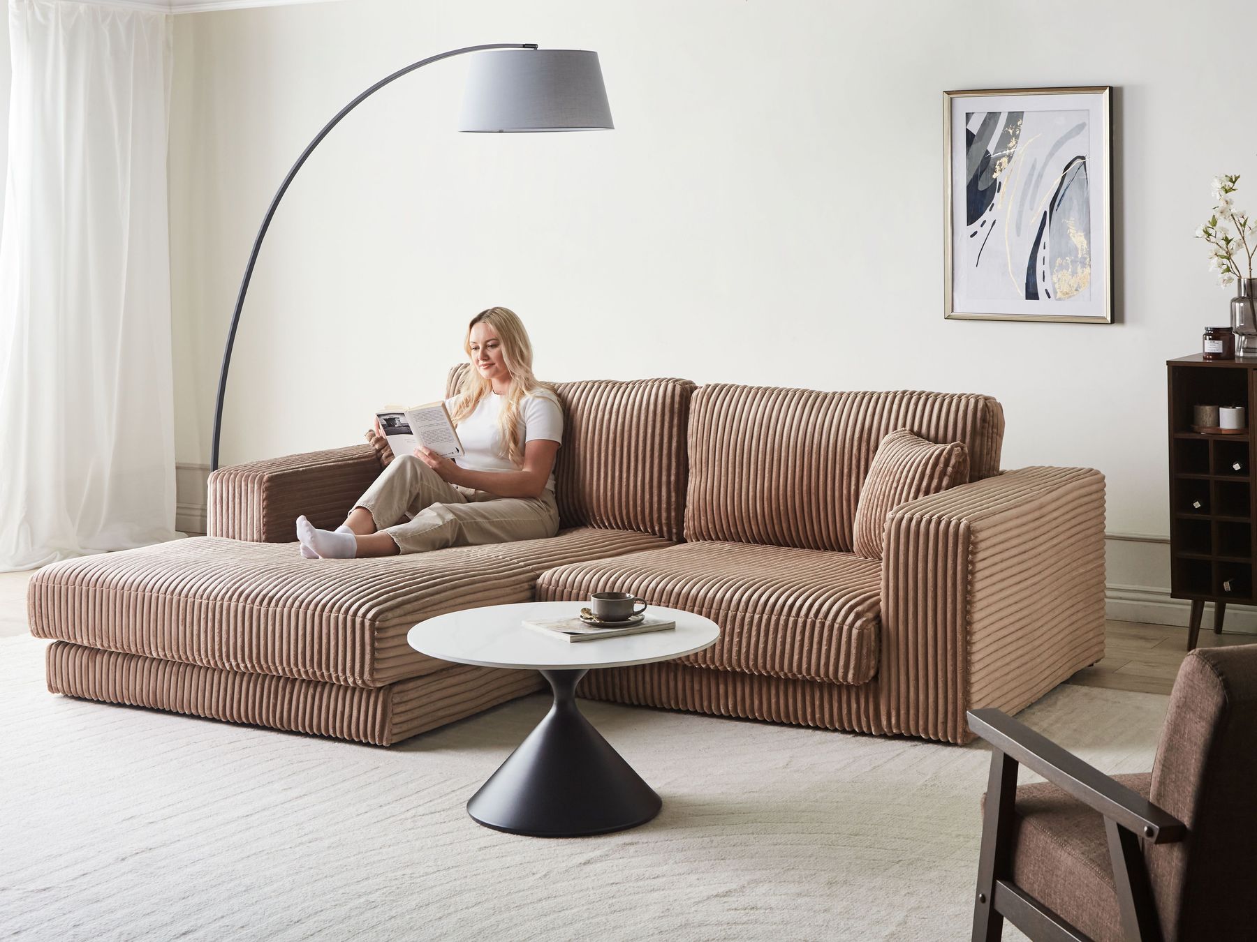 Corner Sofa LOFOTEN Corduroy Light Brown 3 Seater Right Hand