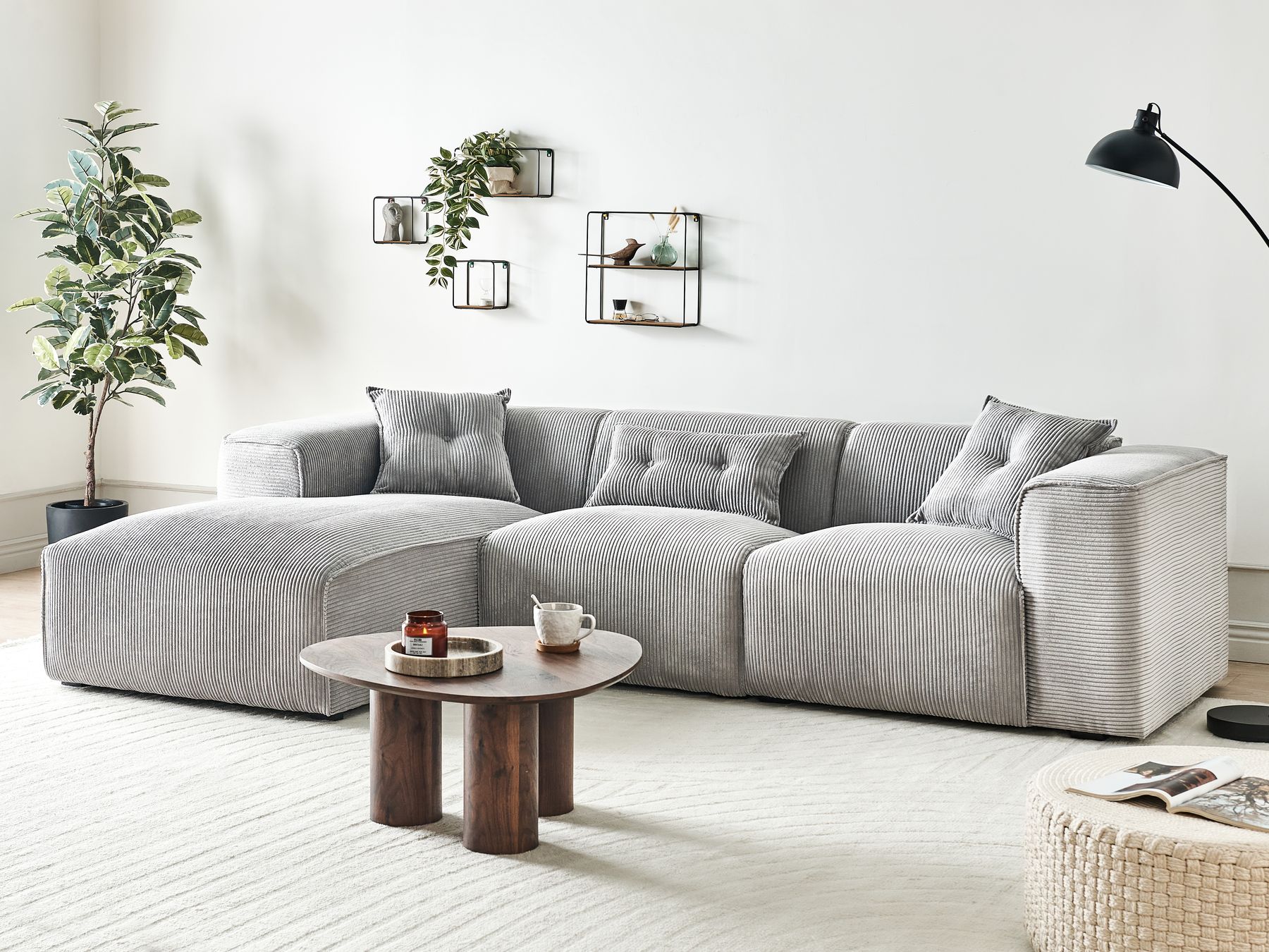 Right Hand Jumbo Cord Corner Sofa Light Grey DOLVA