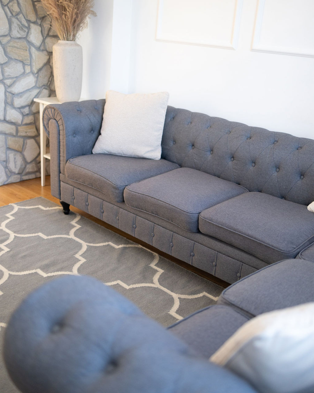 Corner Sofa CHESTERFIELD Fabric Grey 6 Seater Right Hand