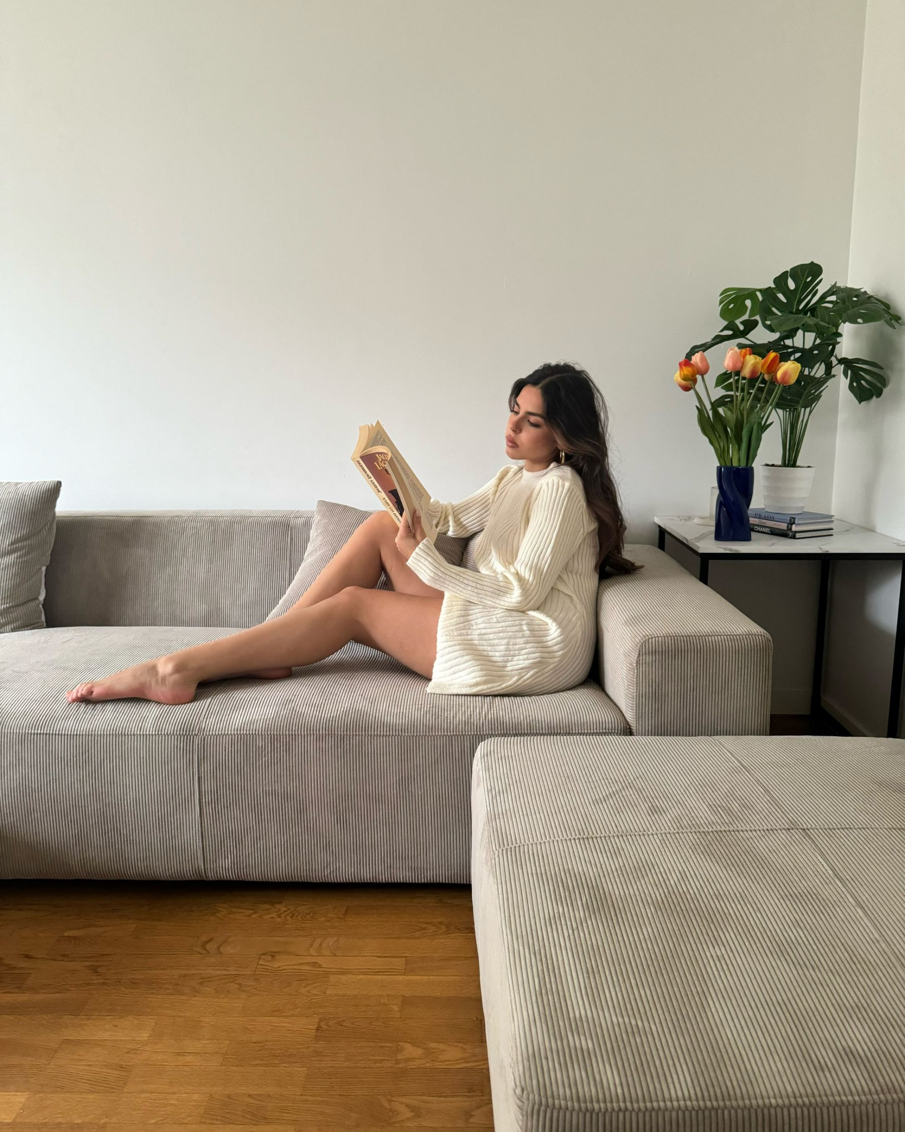 Corner Sofa LUNGO Corduroy Beige with Ottoman 4 Seater Right Hand