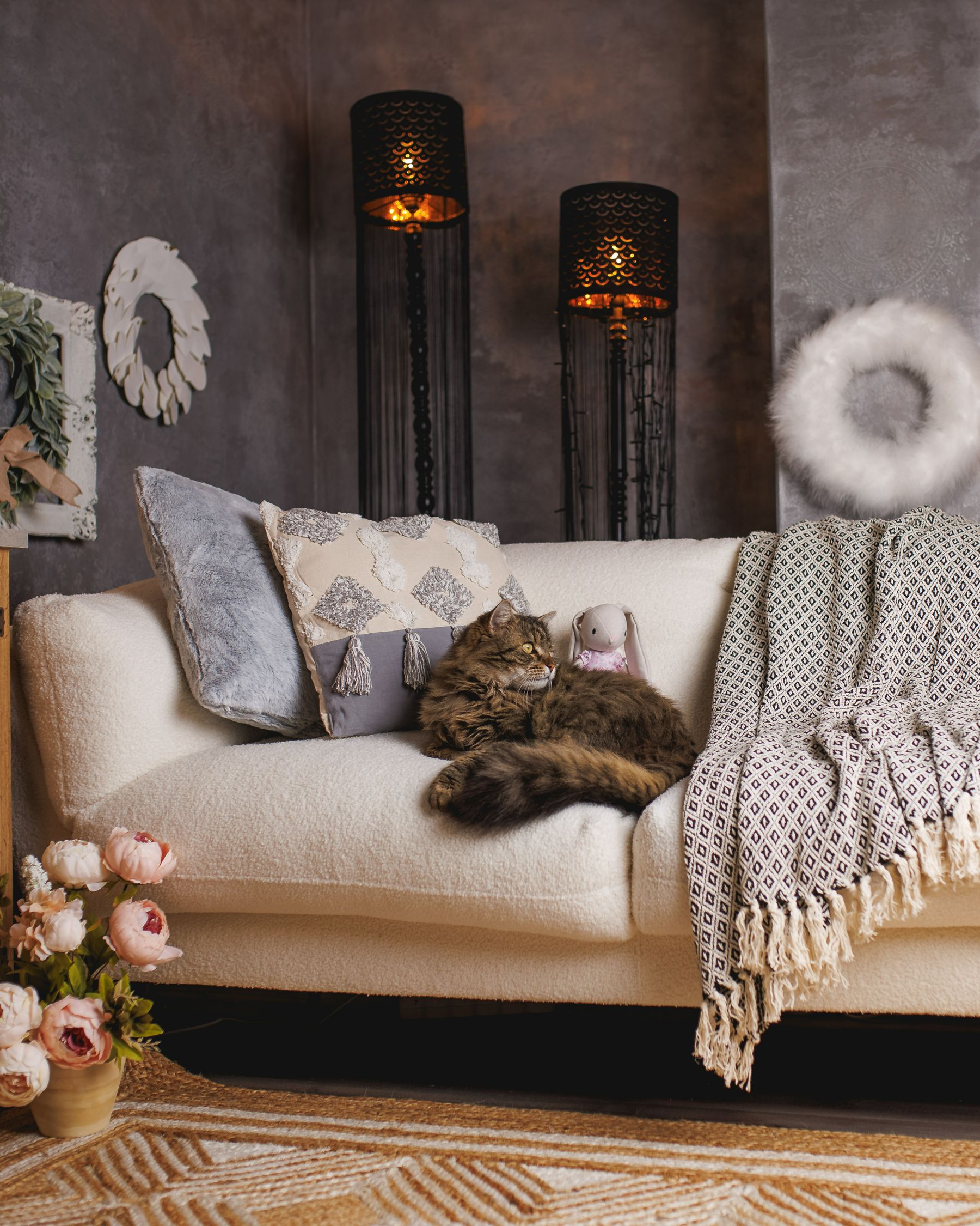 3 Seater Boucle Sofa White LENVIK