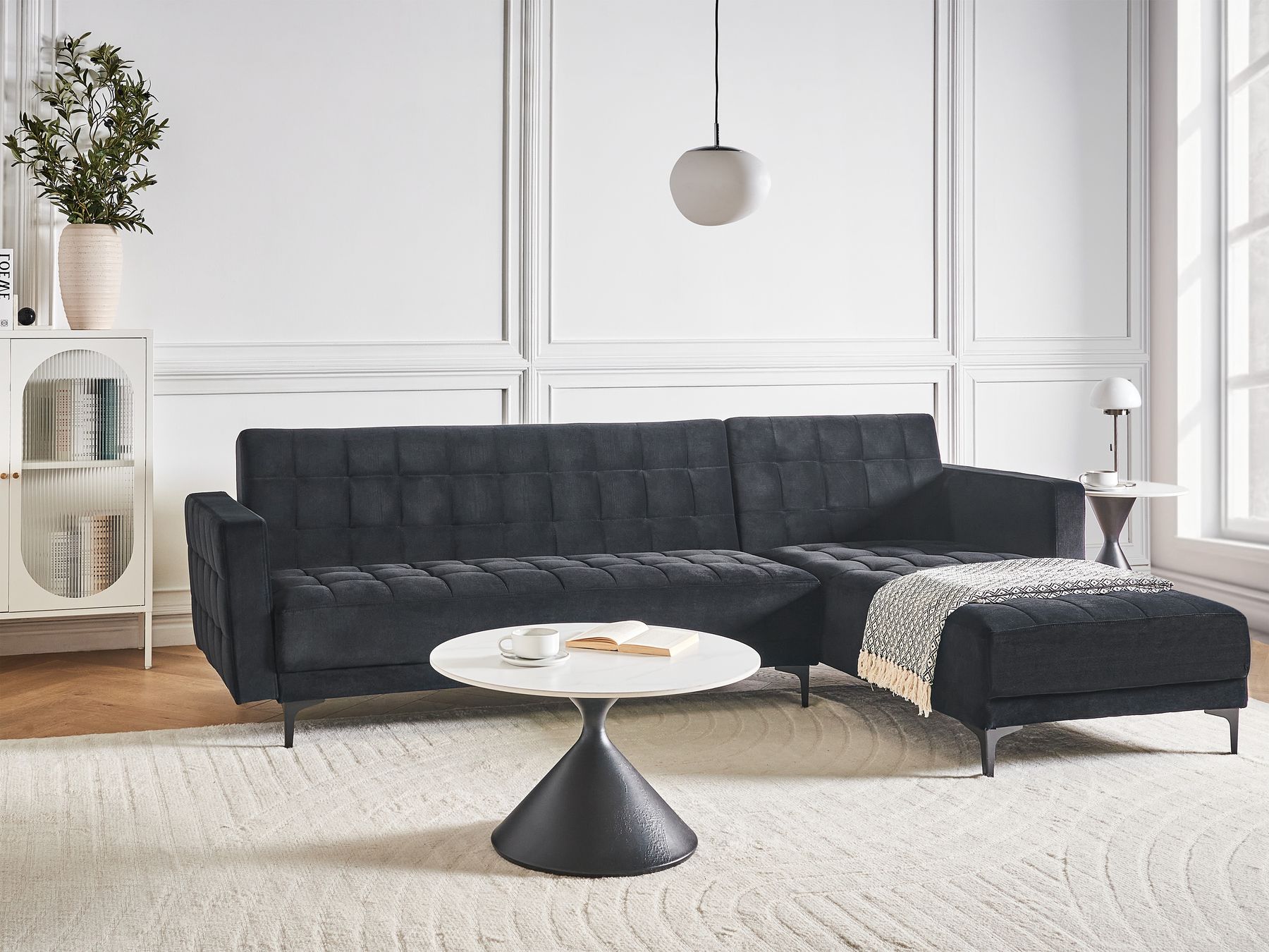 Modular Corner Sofa Bed ABERDEEN Velvet Black 4 Seater Left Hand