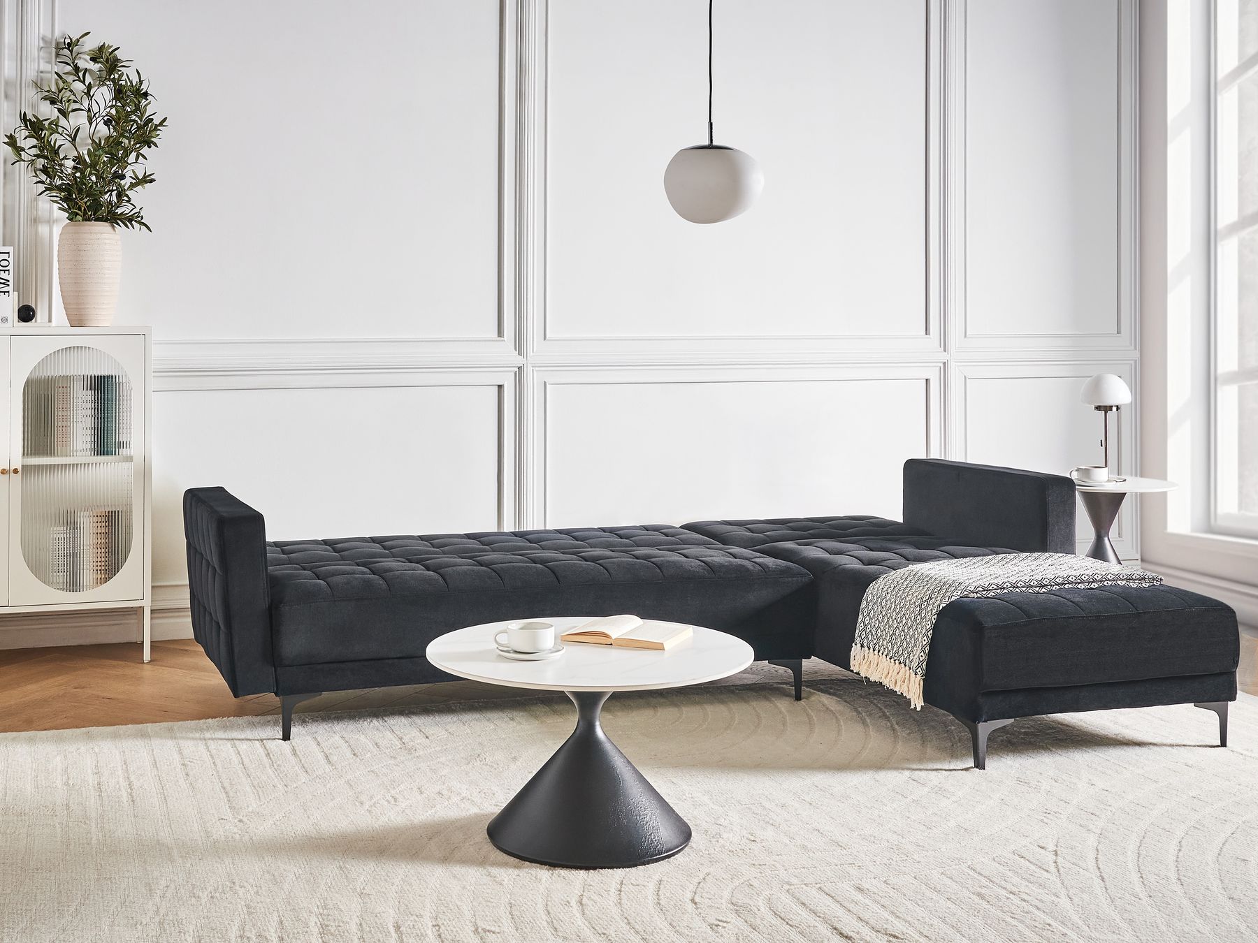 Modular Corner Sofa Bed ABERDEEN Velvet Black 4 Seater Left Hand