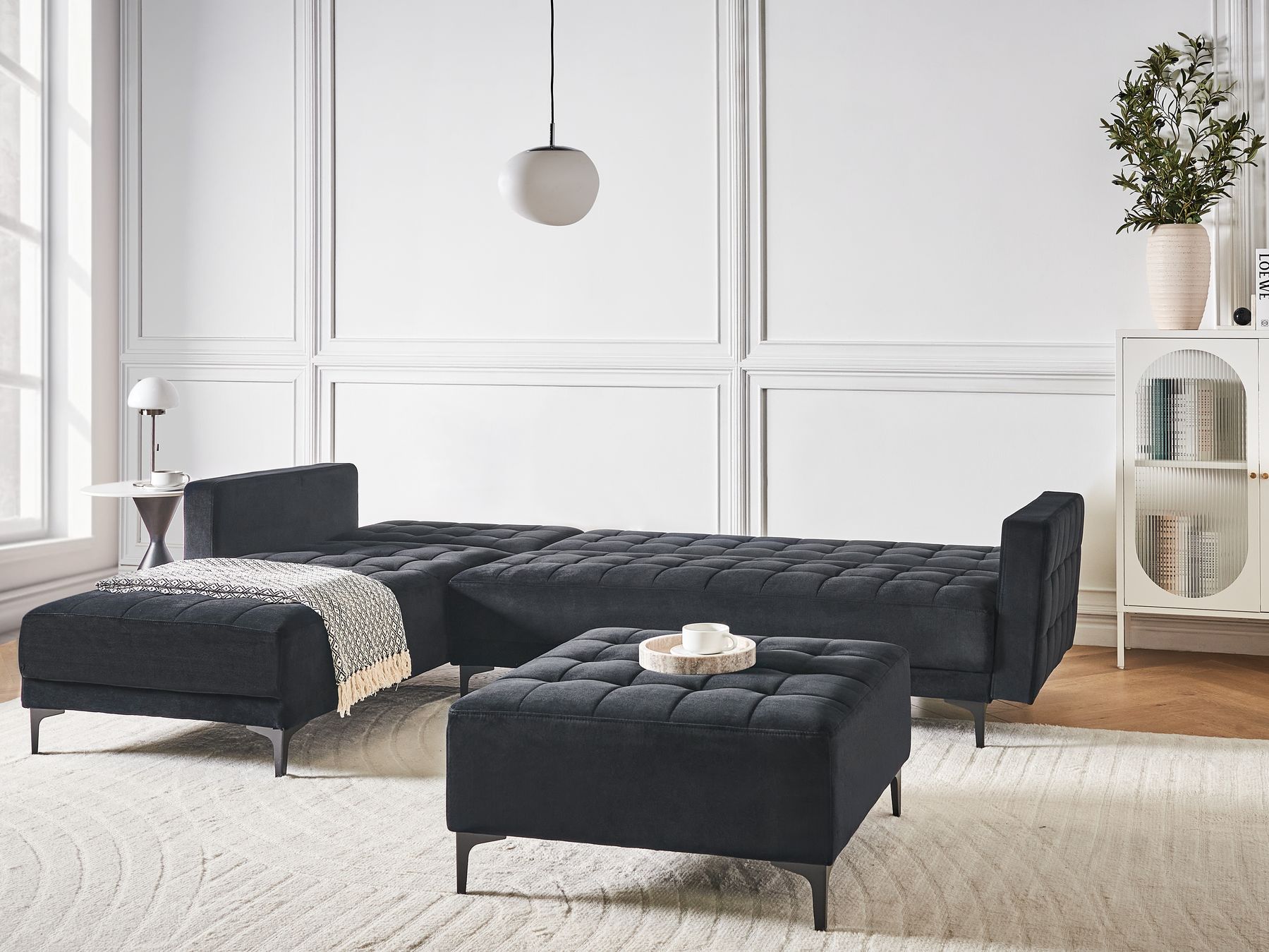 Modular Corner Sofa Bed ABERDEEN Velvet Black 4 Seater Right Hand