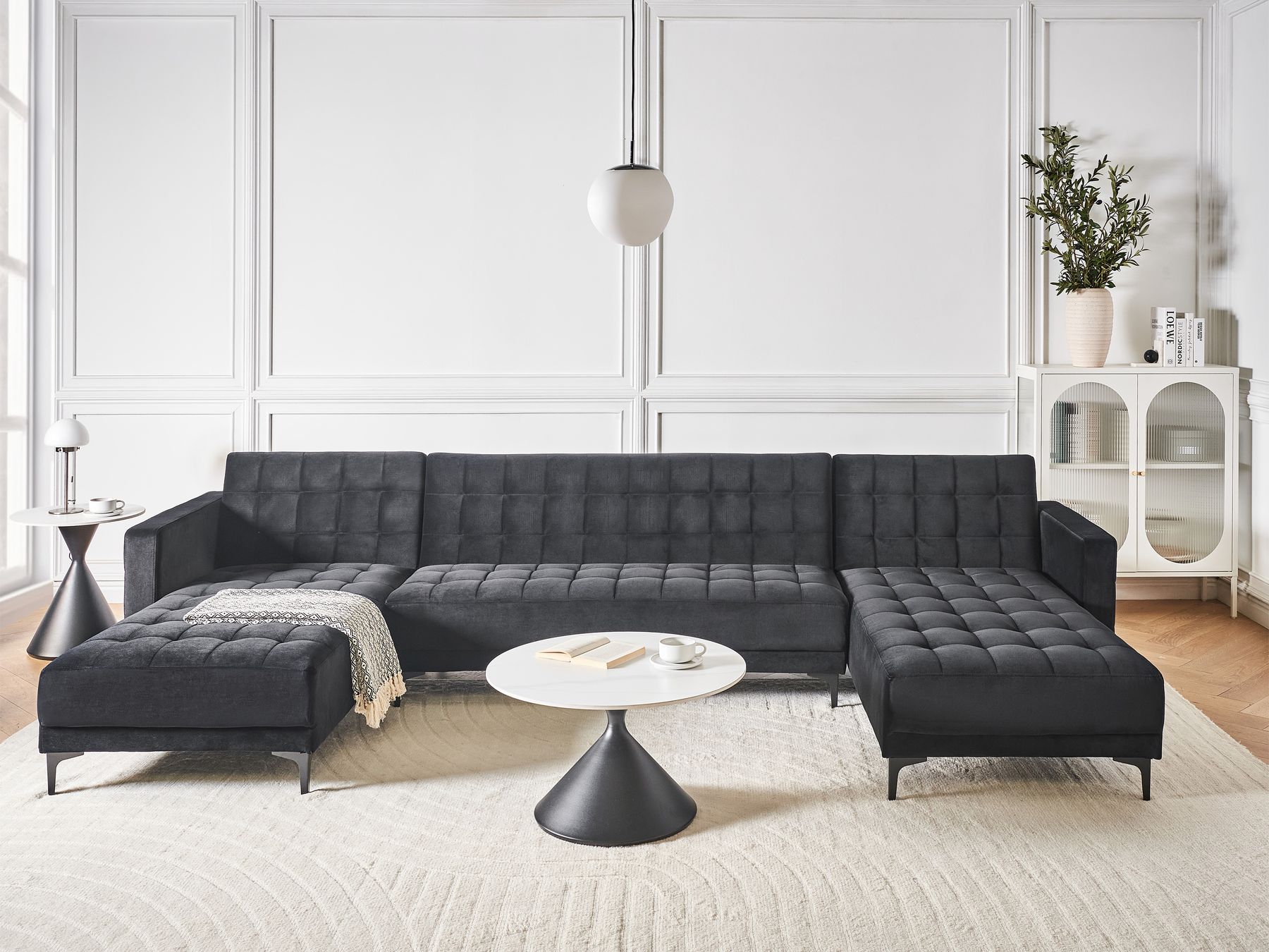Modular U-Shape Sofa Bed ABERDEEN Velvet Black 5 Seater