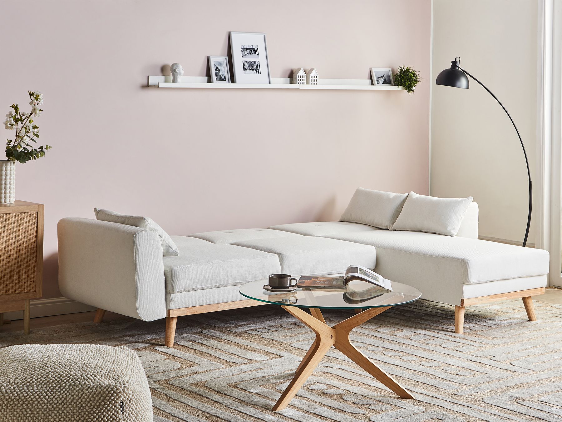 Corner Sofa Bed KAARINA Fabric White 3 Seater Left Hand