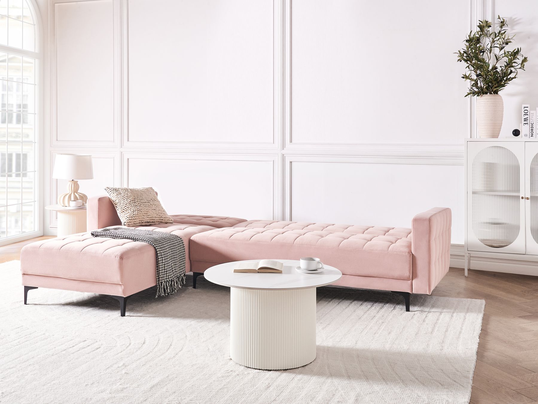 Modular Corner Sofa Bed ABERDEEN Velvet Pastel Pink 4 Seater Right Hand