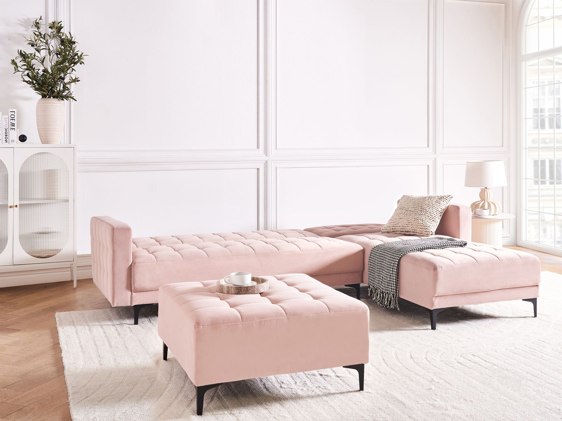 Modular Corner Sofa Bed ABERDEEN Velvet Pastel Pink 4 Seater Left Hand