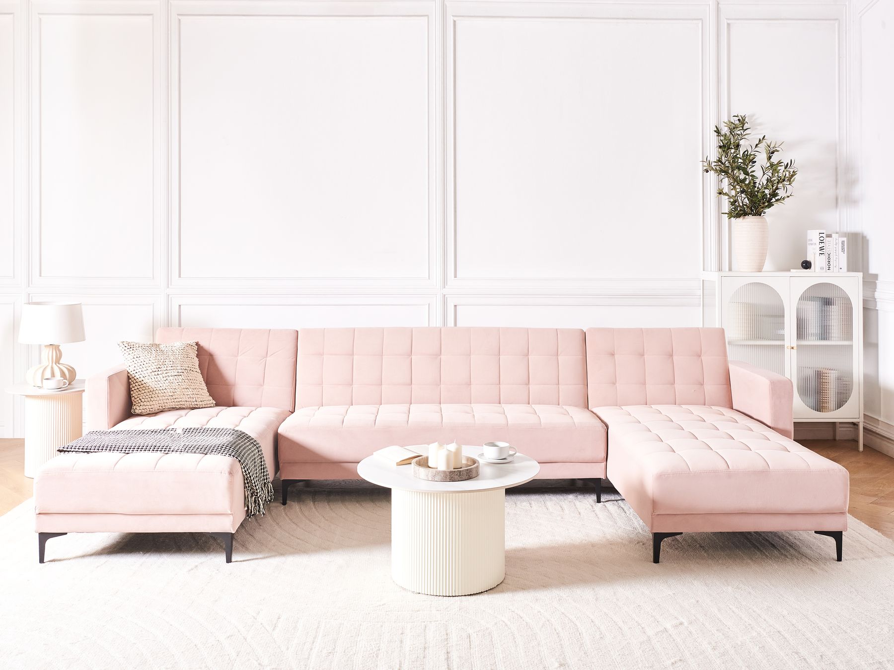 Modular U-Shape Sofa Bed ABERDEEN Velvet Pastel Pink 5 Seater