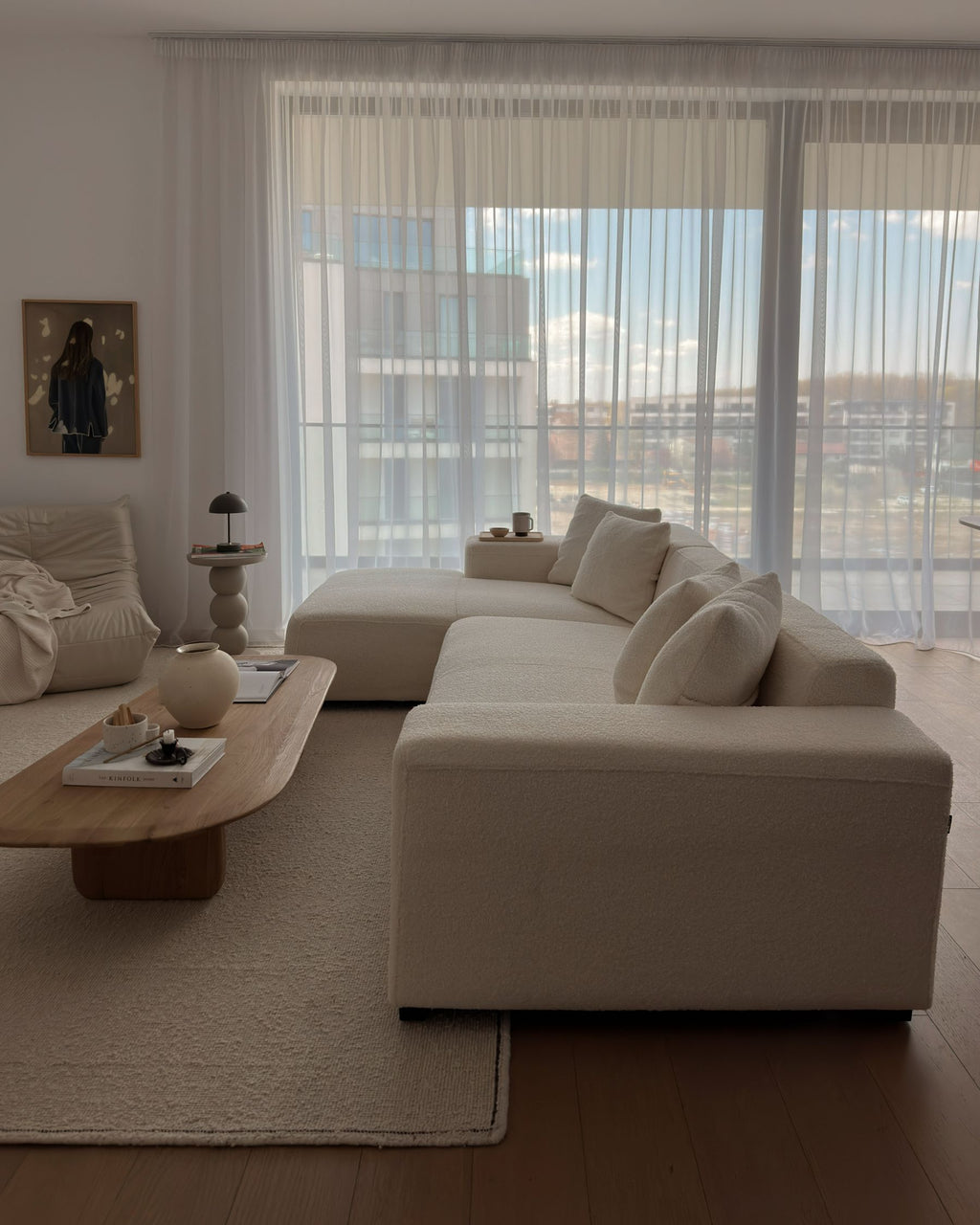 Corner Sofa LUNGO Boucle White with Ottoman 4 Seater Right Hand