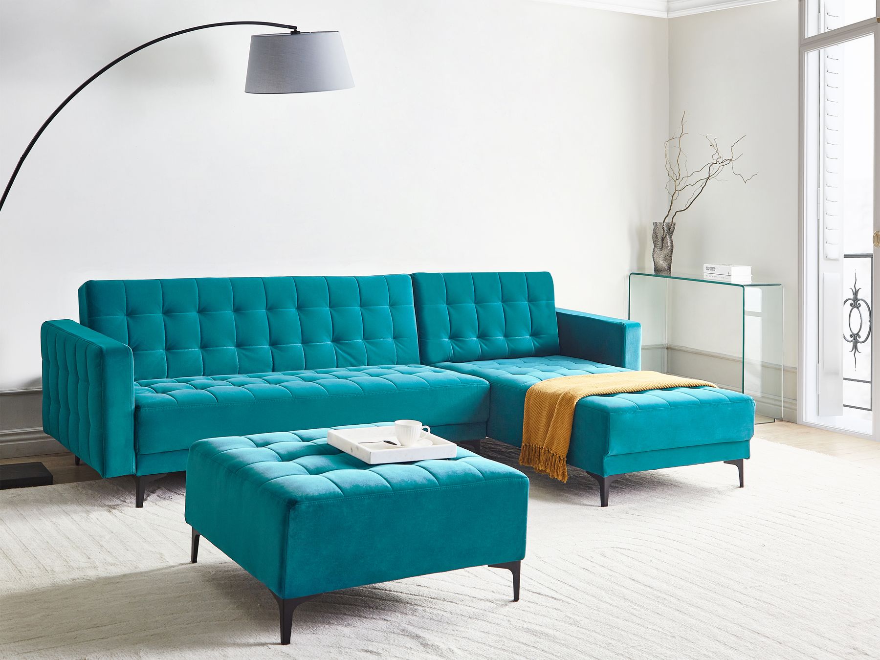 Modular Corner Sofa Bed ABERDEEN Velvet Sea Blue 4 Seater Left Hand