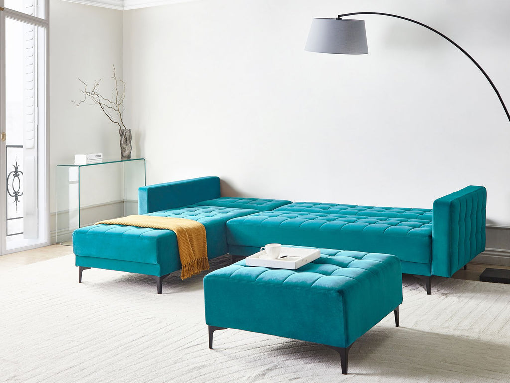 Modular Corner Sofa Bed ABERDEEN Velvet Sea Blue 4 Seater Right Hand