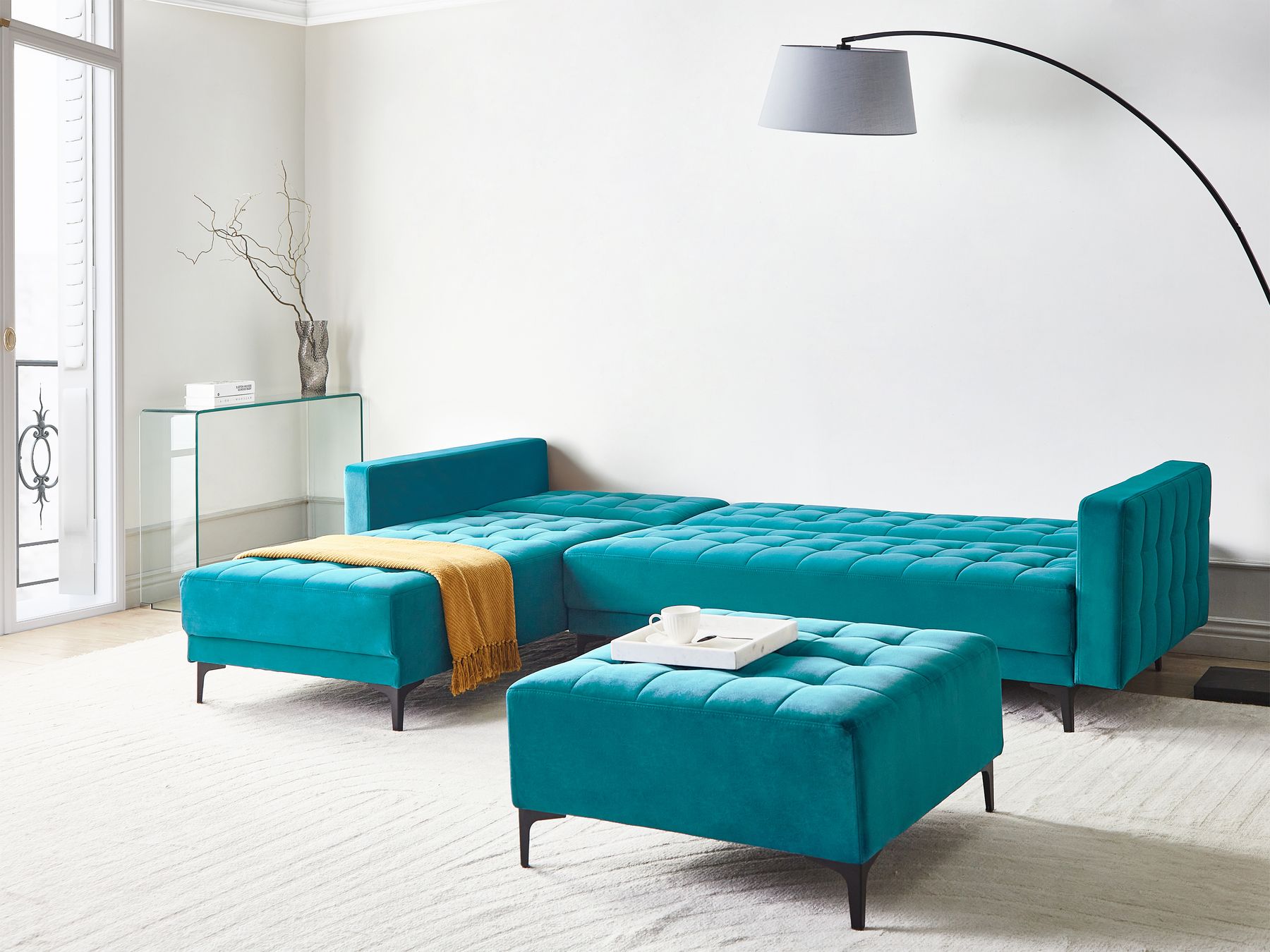 Modular Corner Sofa Bed ABERDEEN Velvet Sea Blue 4 Seater Right Hand
