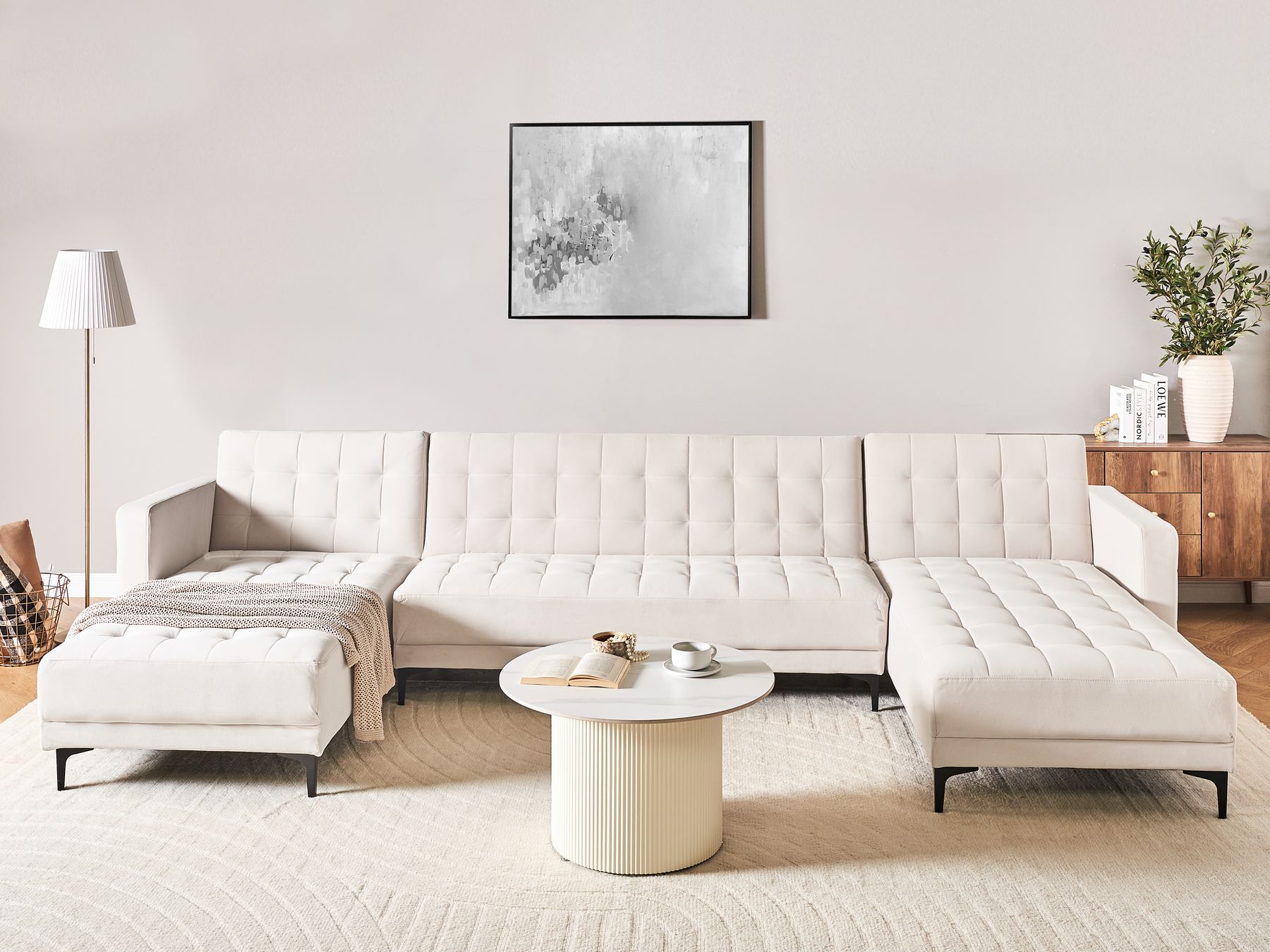 Modular U-Shape Sofa Bed ABERDEEN Velvet Light Beige 5 Seater