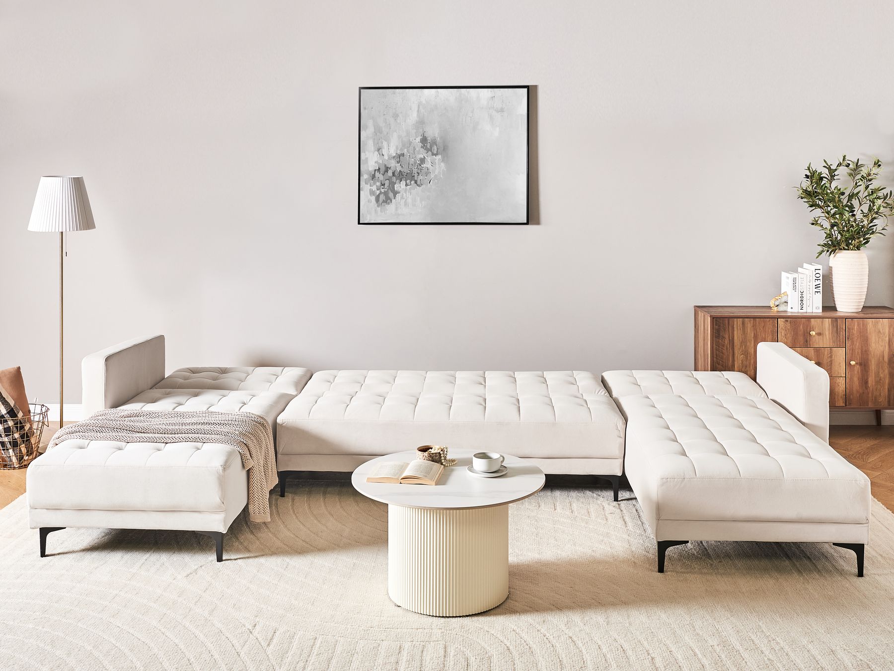 Modular U-Shape Sofa Bed ABERDEEN Velvet Light Beige 5 Seater