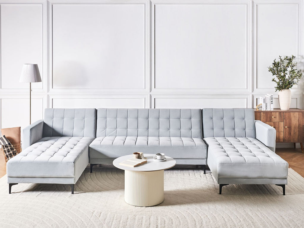 Modular U-Shape Sofa Bed ABERDEEN Velvet Light Grey 5 Seater