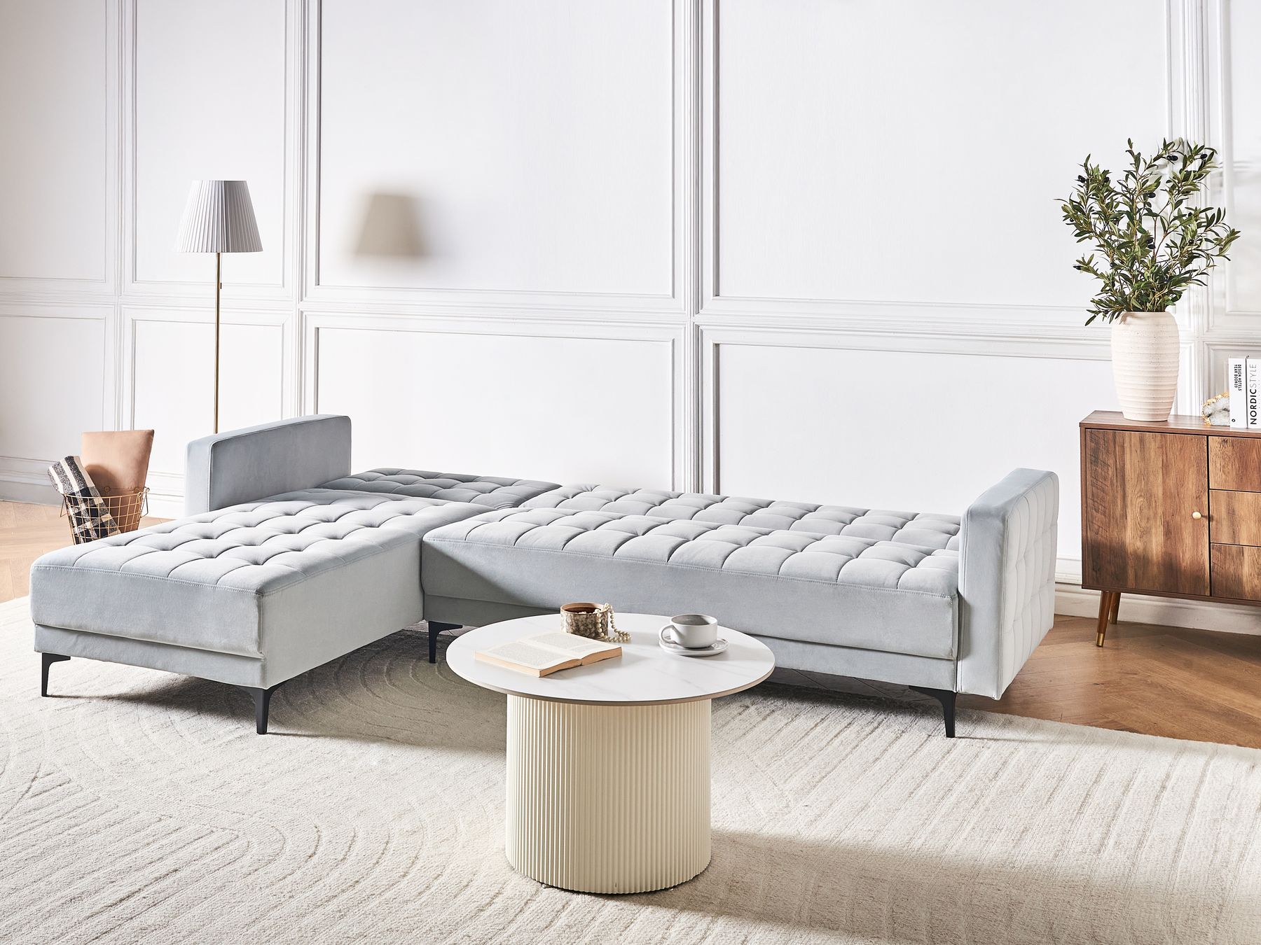 Modular Corner Sofa Bed ABERDEEN Velvet Light Grey 4 Seater Right Hand