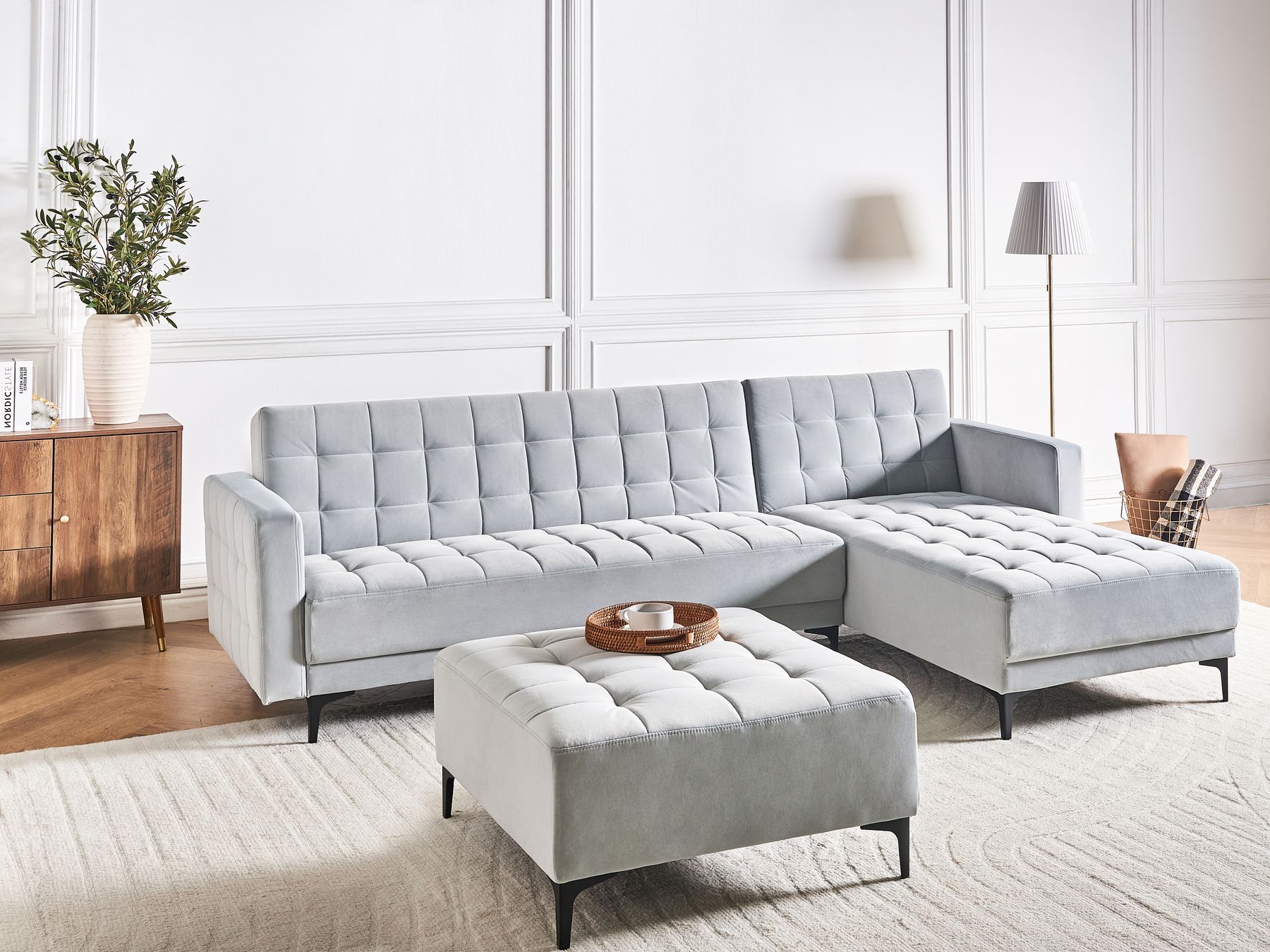 Modular Corner Sofa Bed ABERDEEN Velvet Light Grey 4 Seater Left Hand