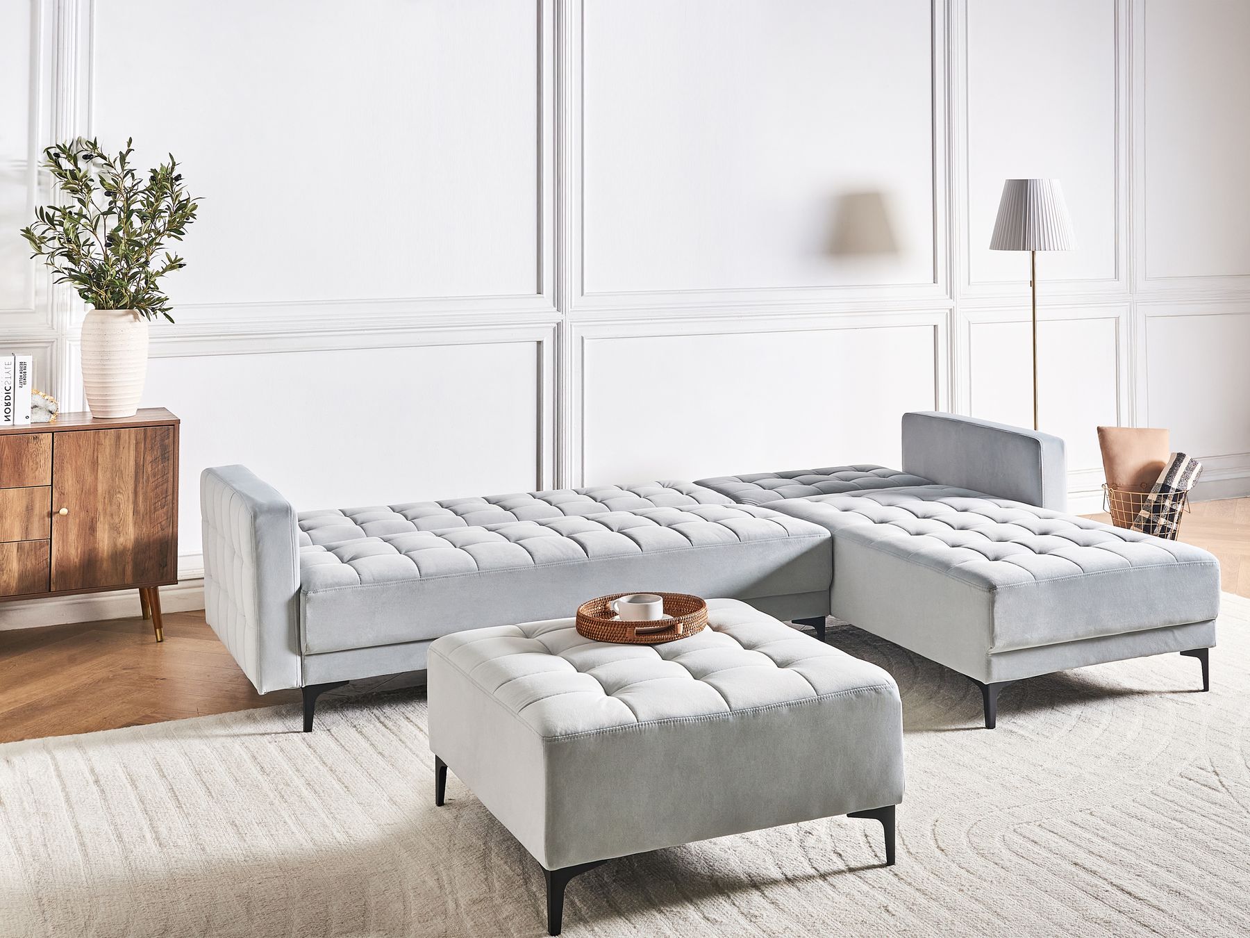 Modular Corner Sofa Bed ABERDEEN Velvet Light Grey 4 Seater Left Hand
