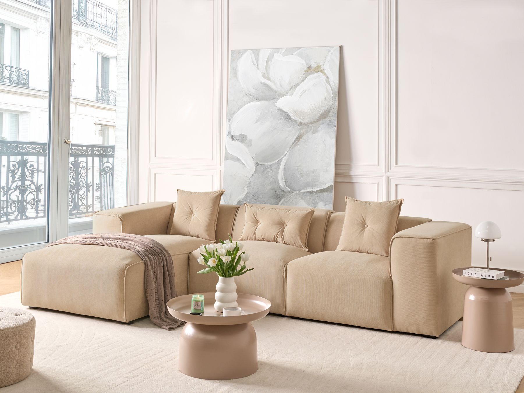 Corner Sofa DOLVA Corduroy Beige 3 Seater Right Hand