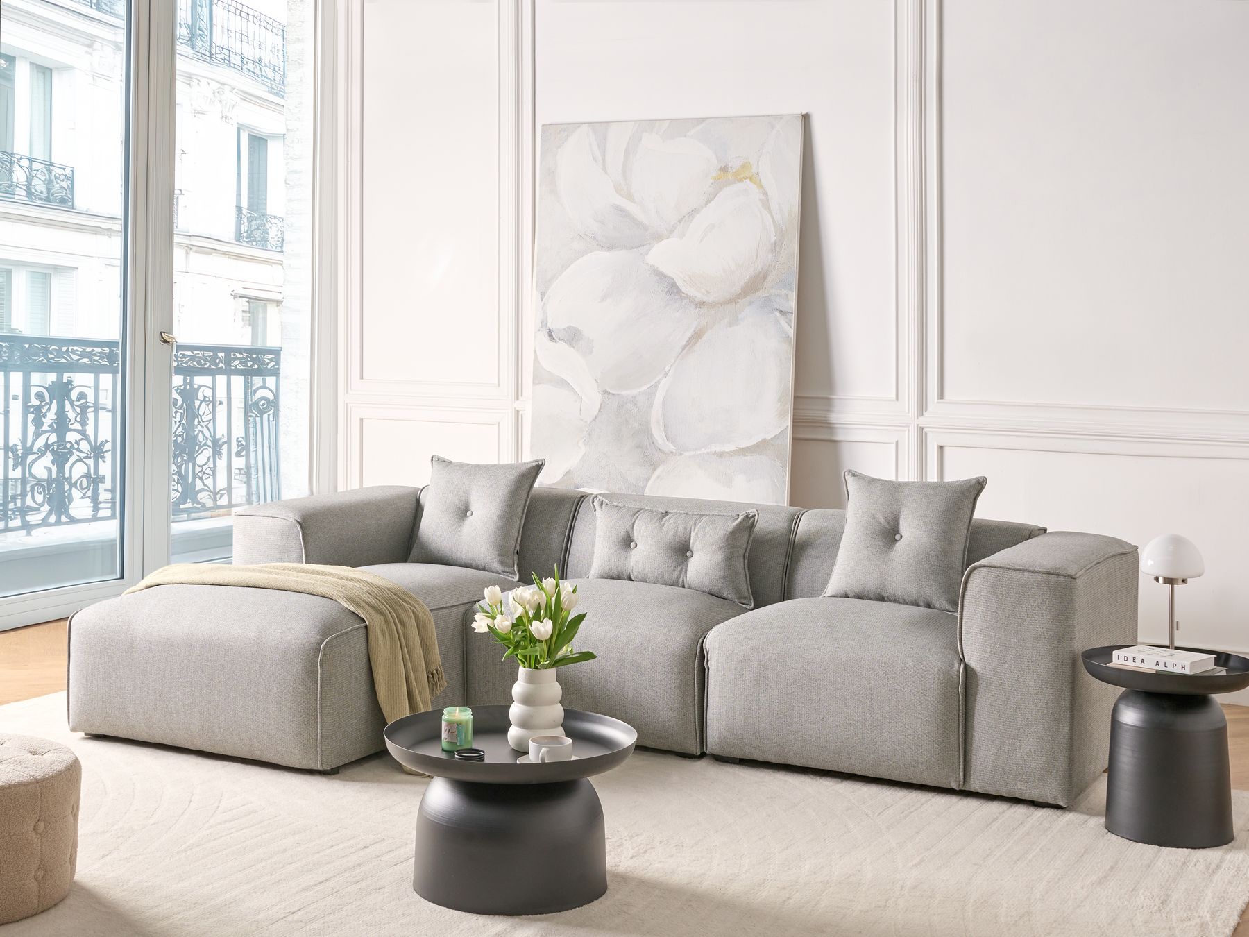 Corner Sofa DOLVA Fabric Light Grey 3 Seater Right Hand