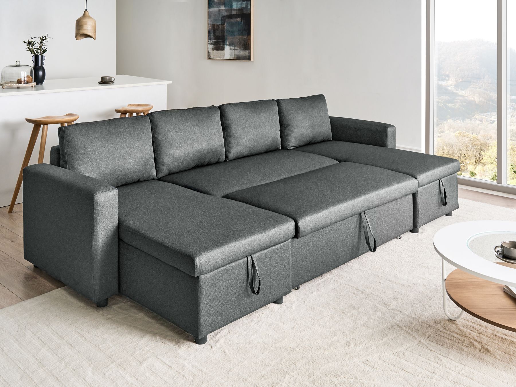 U-Shape Sofa Bed SOMMEN Fabric Dark Grey with Storage 5 Seater