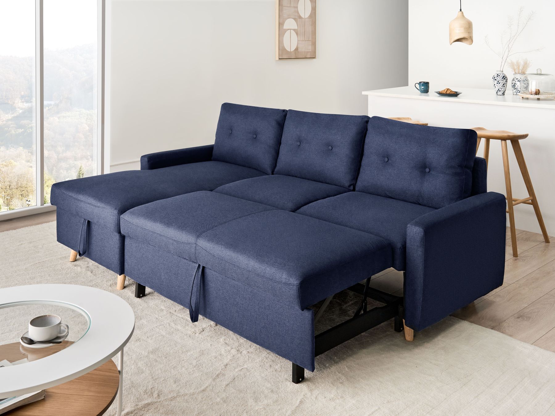 Corner Sofa Bed FLAKK Fabric Navy Blue with Storage 4 Seater Right Hand