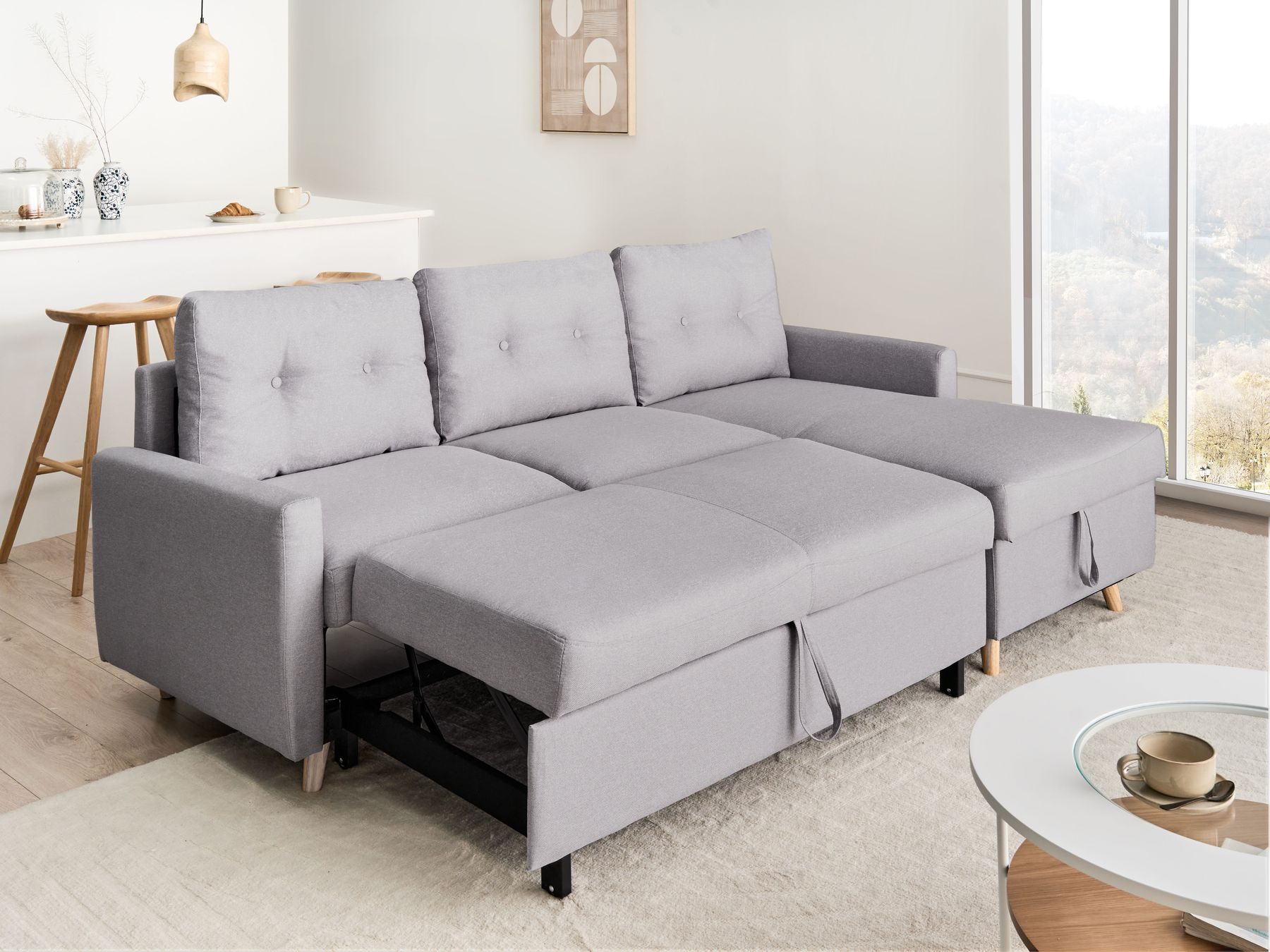 Corner Sofa Bed FLAKK Fabric Light Grey with Storage 4 Seater Left Hand