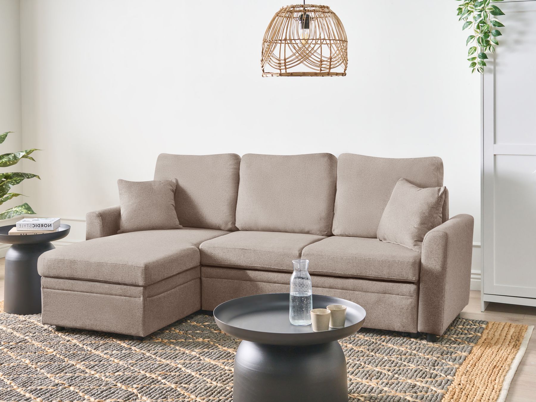 Corner Sofa Bed NASSJO Faux Linen Light Brown 3 Seater Right Hand