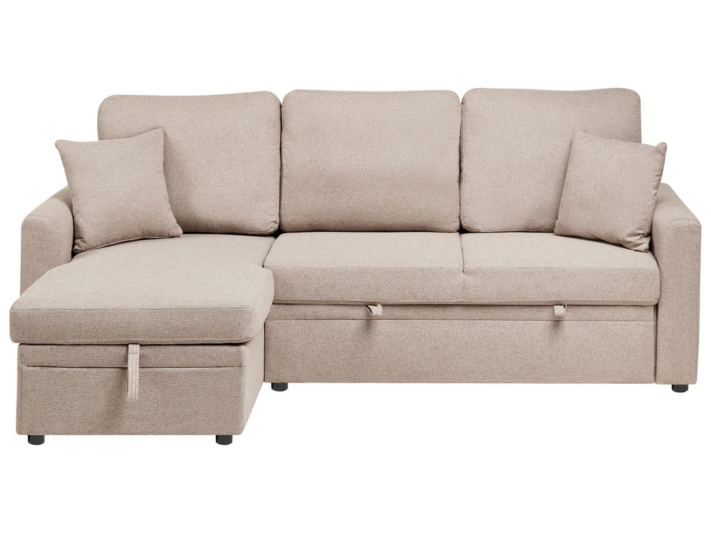 Corner Sofa Bed NASSJO Faux Linen Light Brown 3 Seater Right Hand