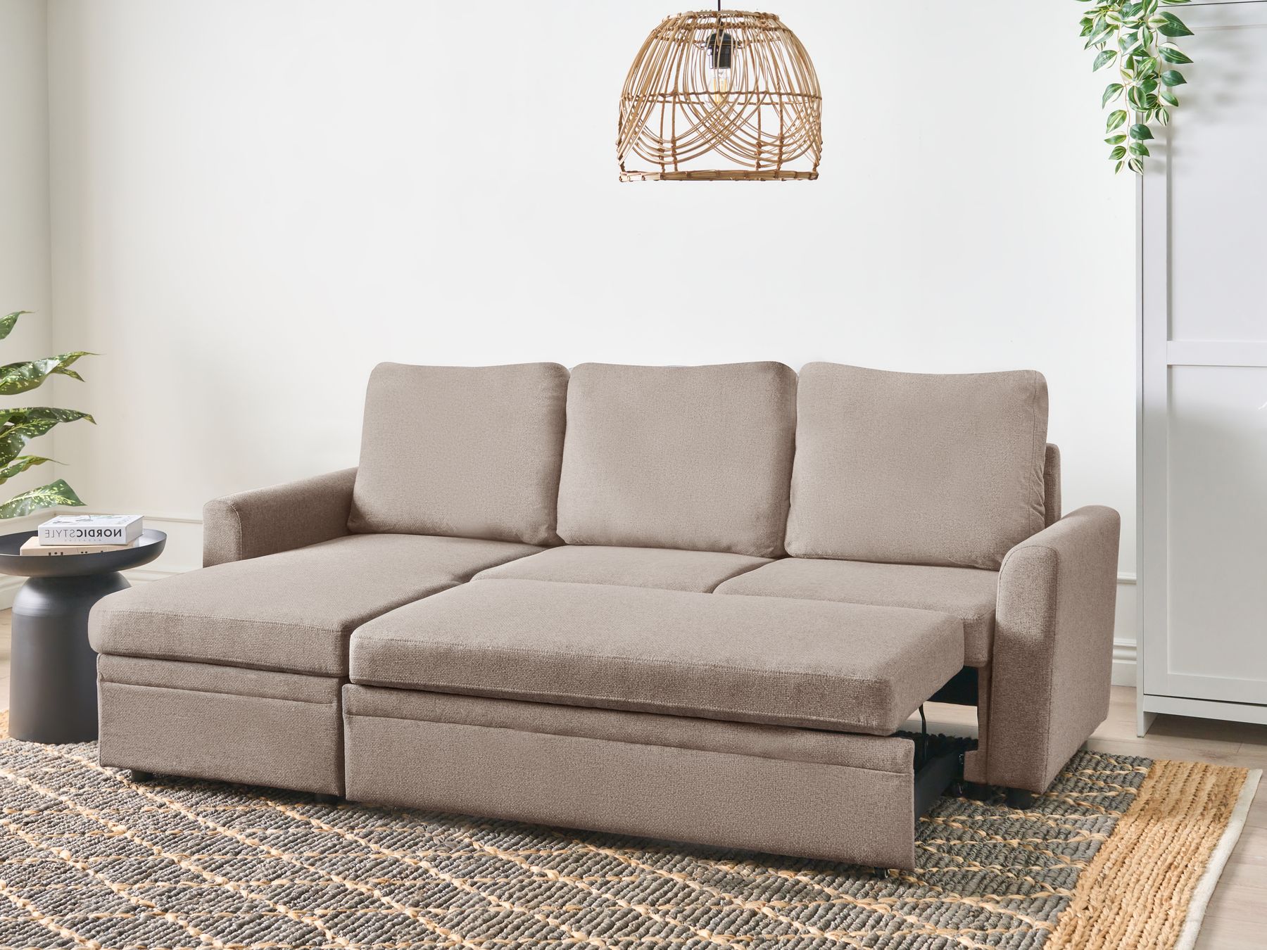Corner Sofa Bed NASSJO Faux Linen Light Brown 3 Seater Right Hand