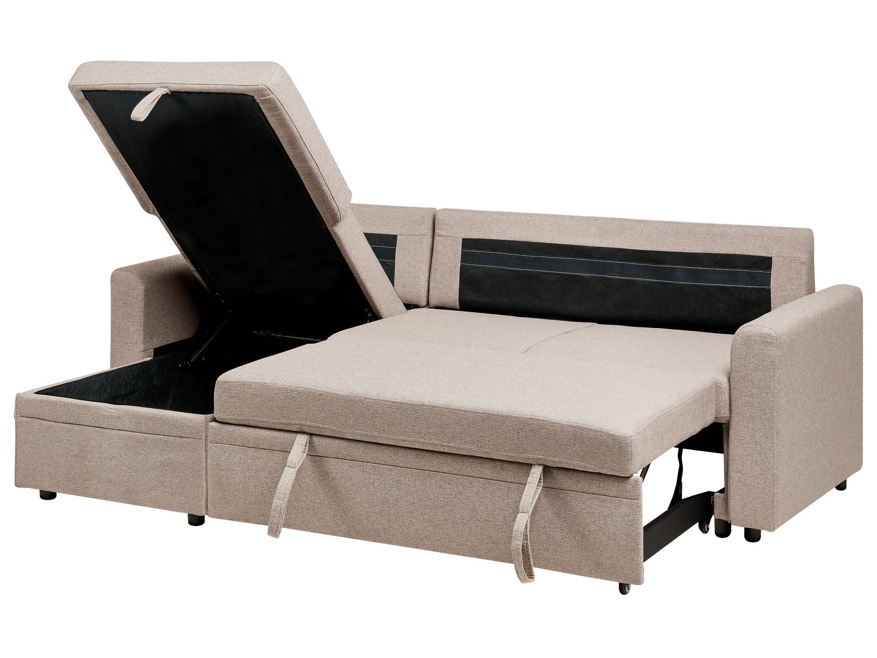 Corner Sofa Bed NASSJO Faux Linen Light Brown 3 Seater Right Hand